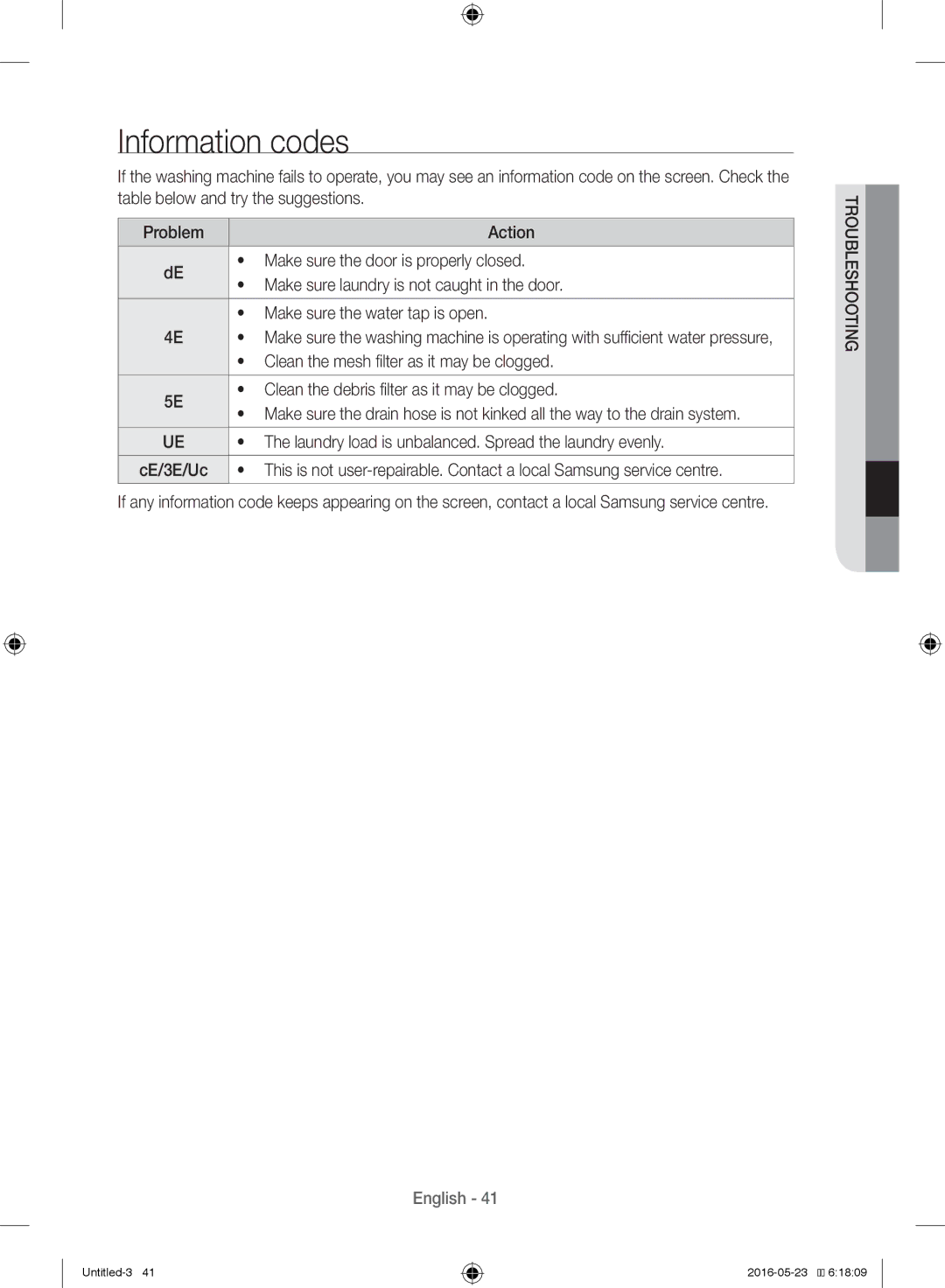 Samsung WW10H8420EW/YL manual Information codes 