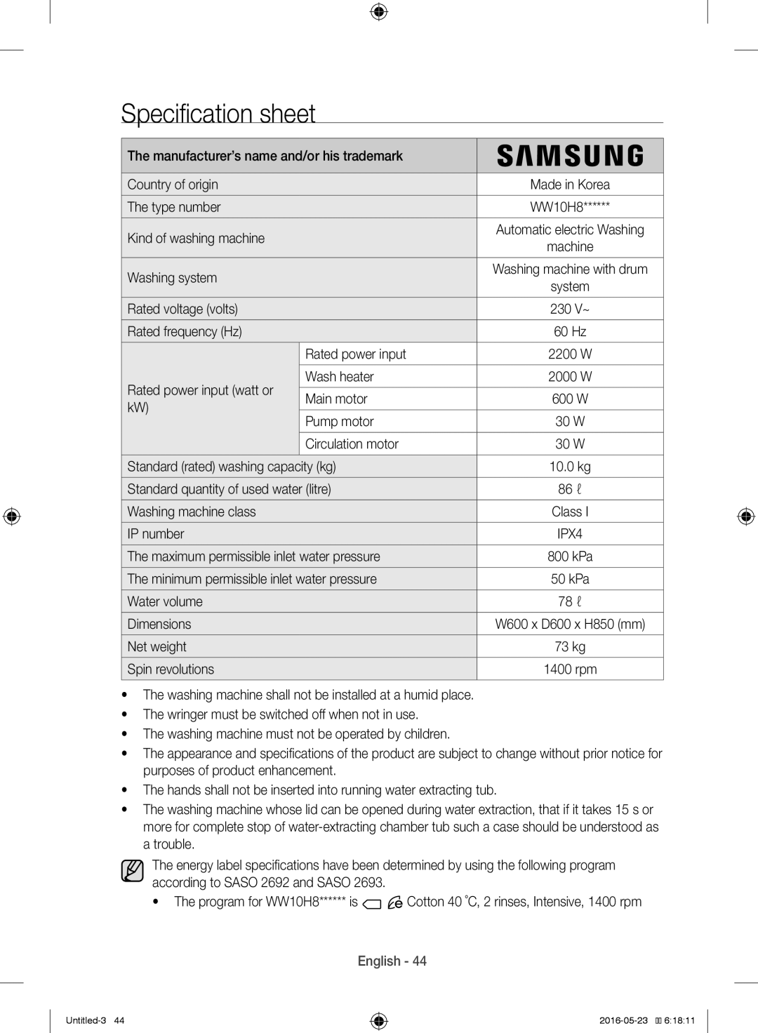 Samsung WW10H8420EW/YL manual Country of origin Made in Korea Type number 