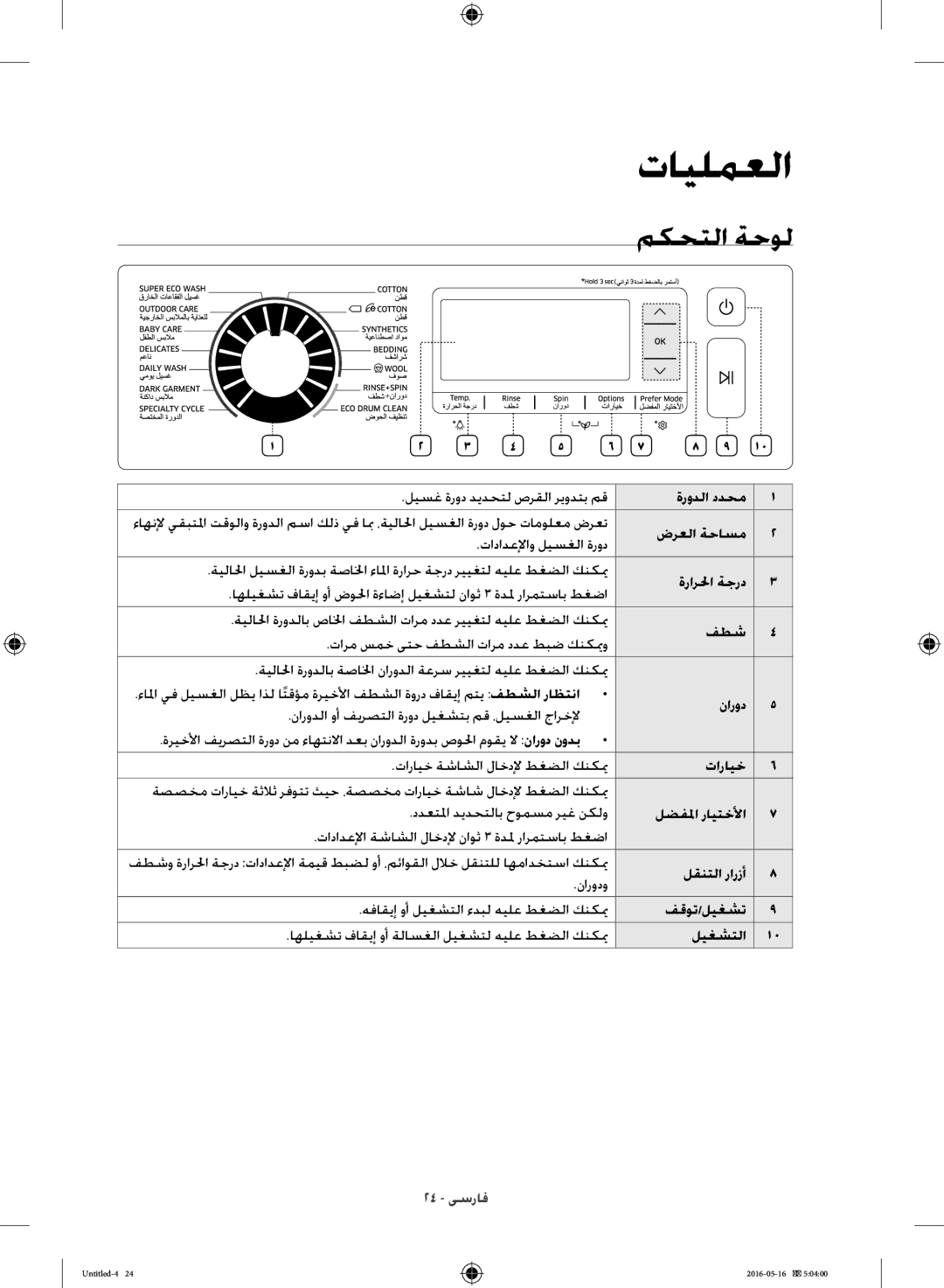 Samsung WW10H8420EW/YL manual مكحتلا ةحول 