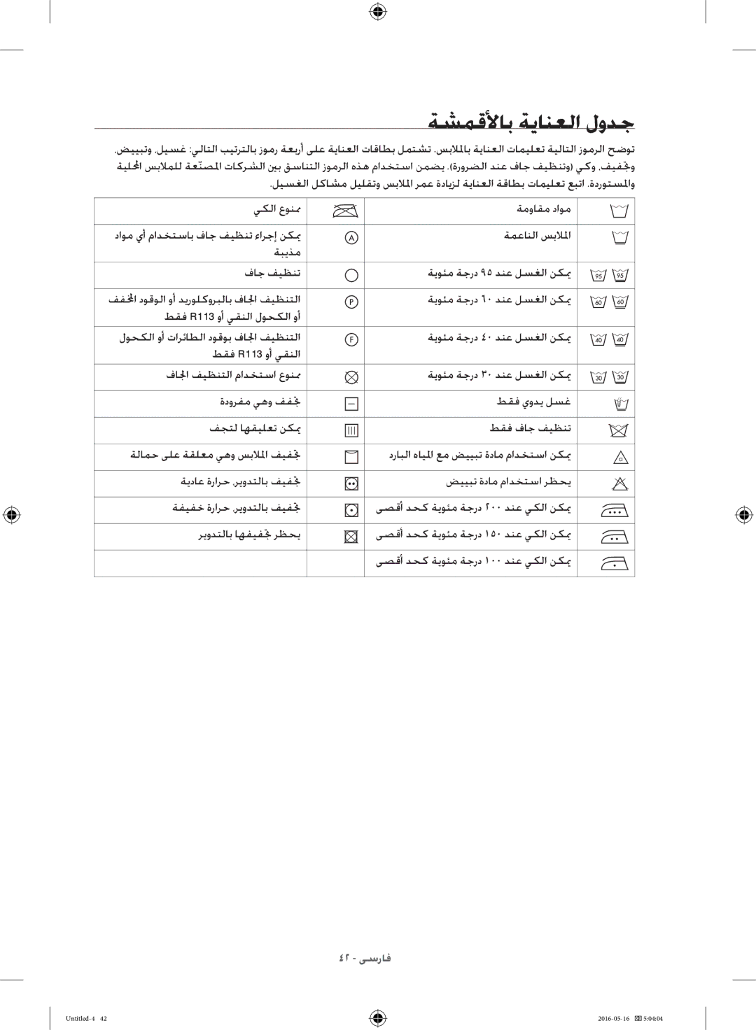 Samsung WW10H8420EW/YL manual ةشمقلأاب ةيانعلا لودج 