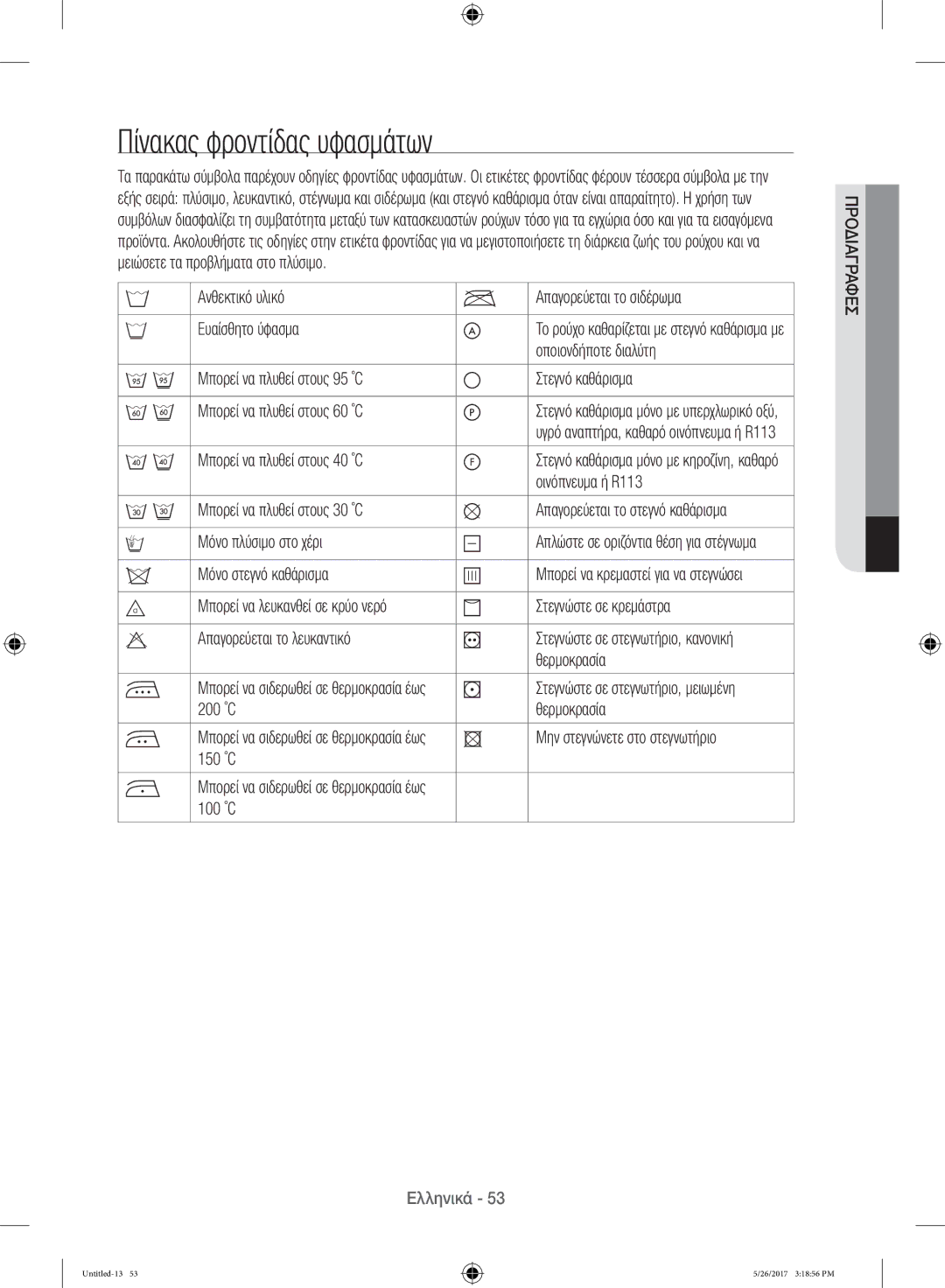 Samsung WW10H9400EW/ET manual Πίνακας φροντίδας υφασμάτων 