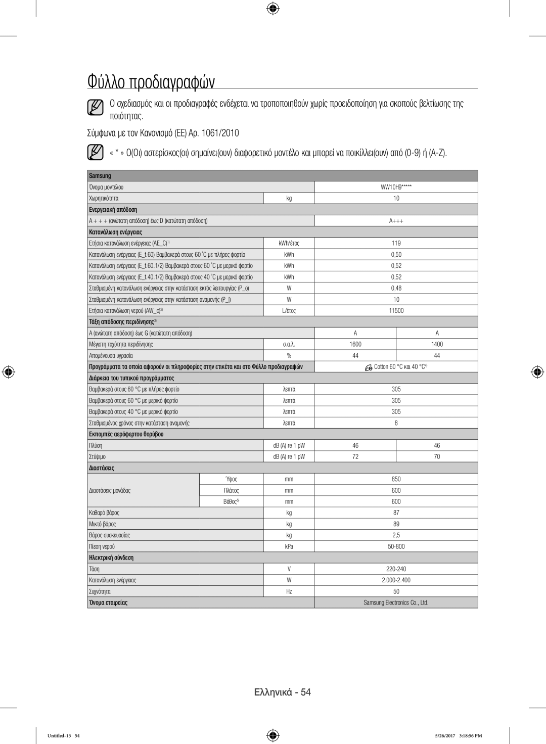 Samsung WW10H9400EW/ET manual Φύλλο προδιαγραφών 