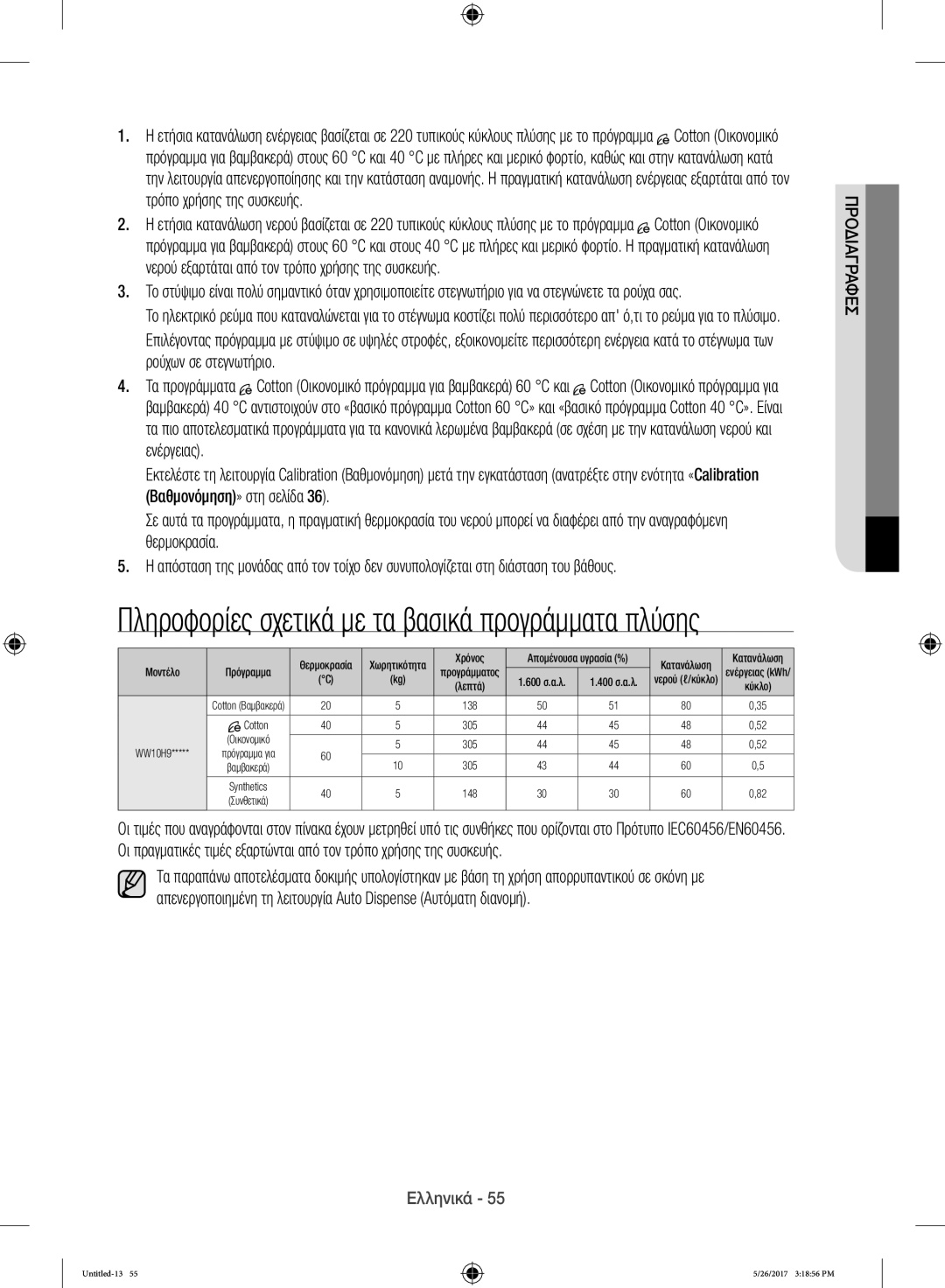 Samsung WW10H9400EW/ET manual Πληροφορίες σχετικά με τα βασικά προγράμματα πλύσης 