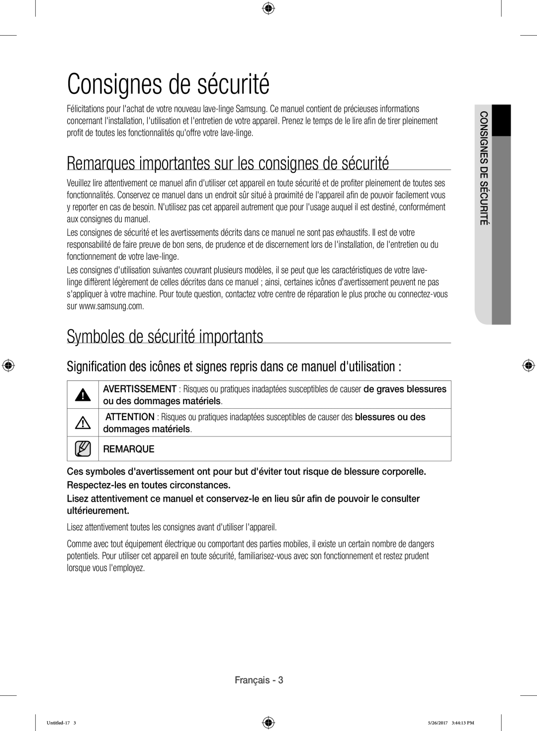 Samsung WW10H9400EW/ET manual Consignes de sécurité, Symboles de sécurité importants 