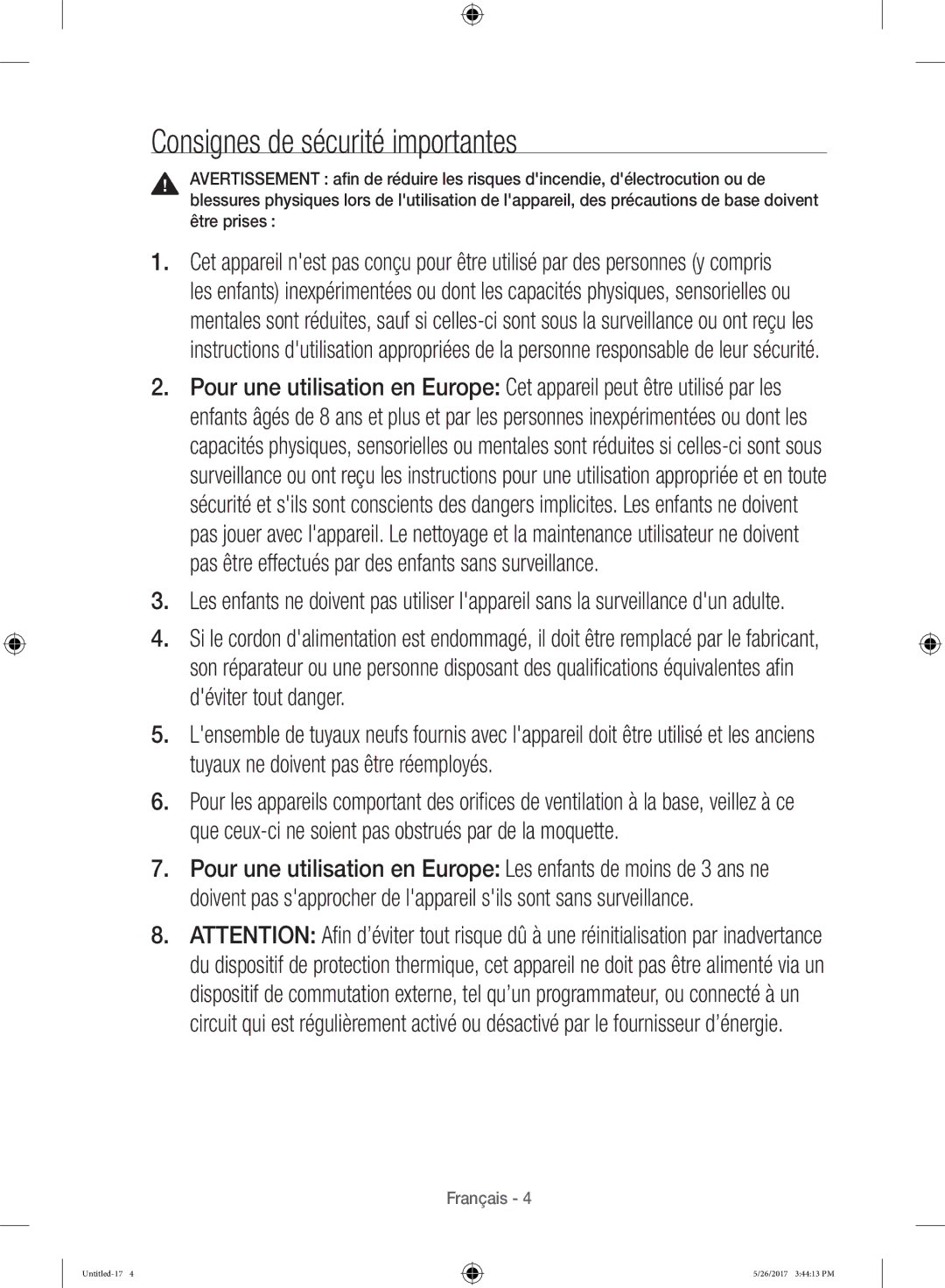 Samsung WW10H9400EW/ET manual Consignes de sécurité importantes 