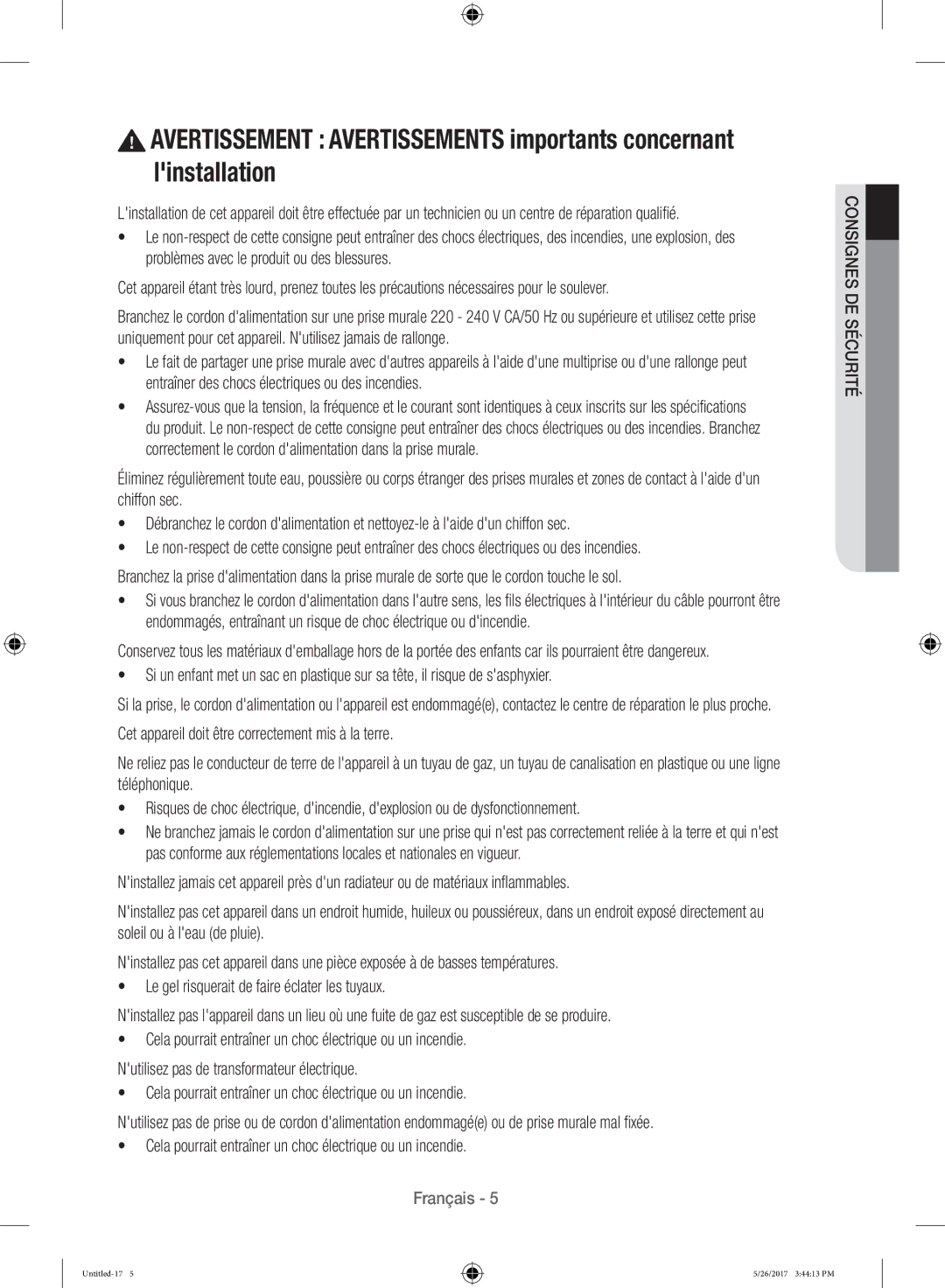 Samsung WW10H9400EW/ET manual Consignes DE Sécurité 