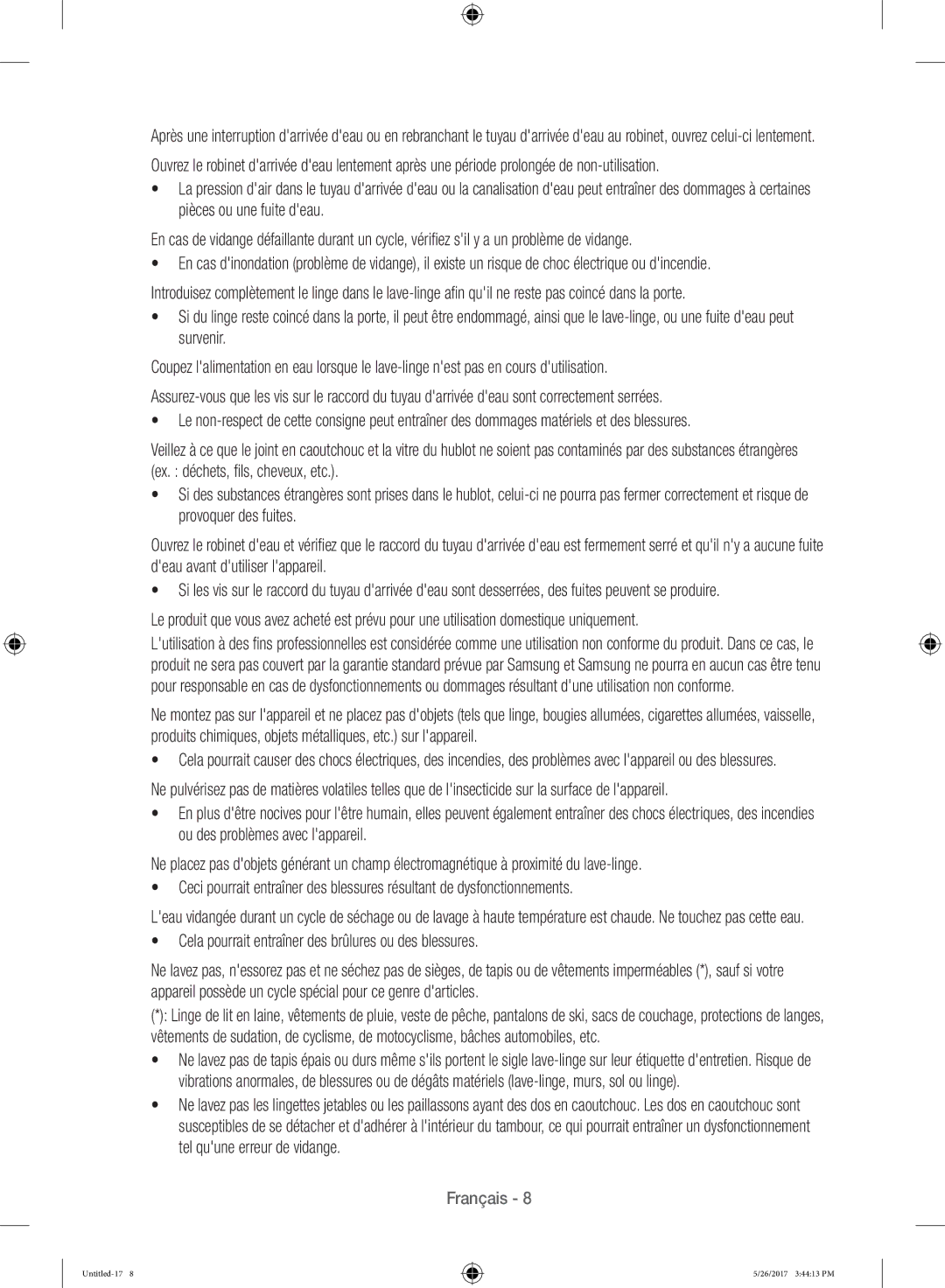 Samsung WW10H9400EW/ET manual Cela pourrait entraîner des brûlures ou des blessures 