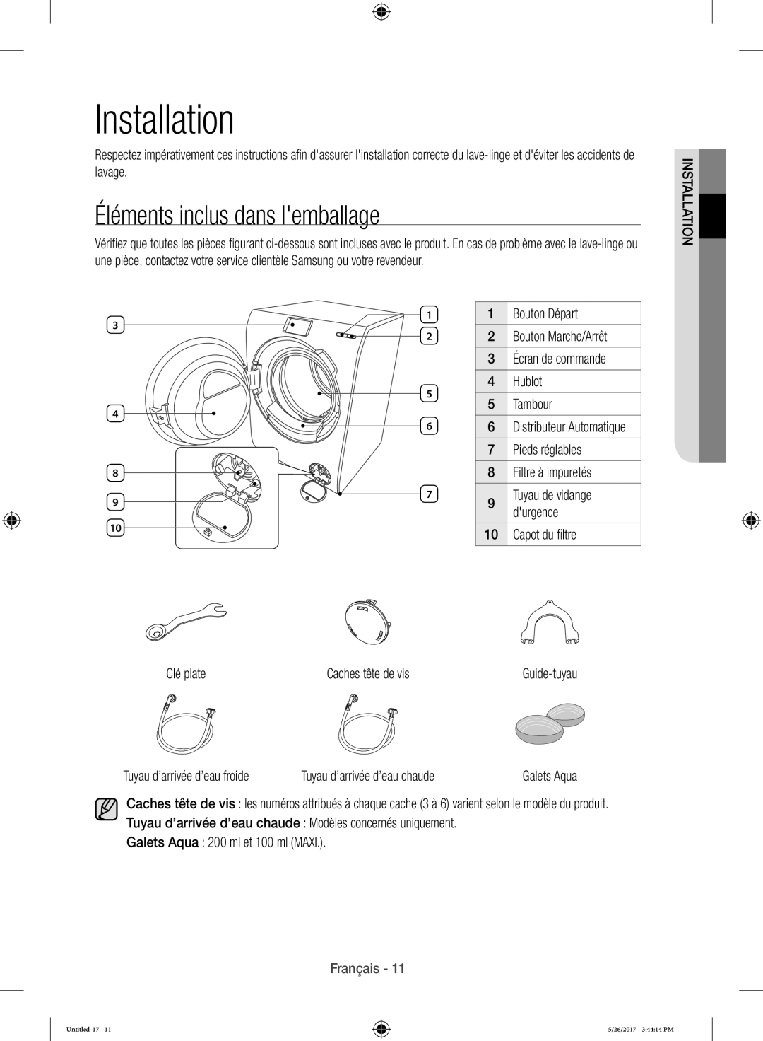 Samsung WW10H9400EW/ET manual Éléments inclus dans lemballage, Capot du filtre Clé plate Caches tête de vis 