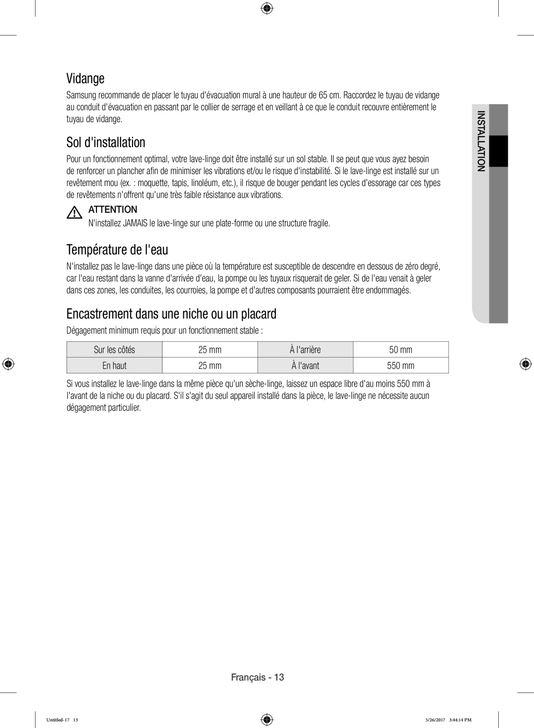 Samsung WW10H9400EW/ET manual Vidange, Sol dinstallation, Température de leau, Encastrement dans une niche ou un placard 