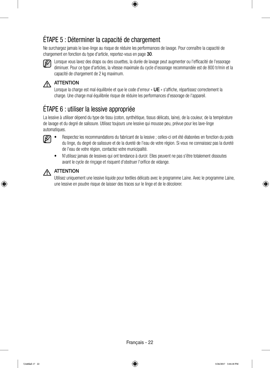 Samsung WW10H9400EW/ET manual Étape 5 Déterminer la capacité de chargement, Étape 6 utiliser la lessive appropriée 