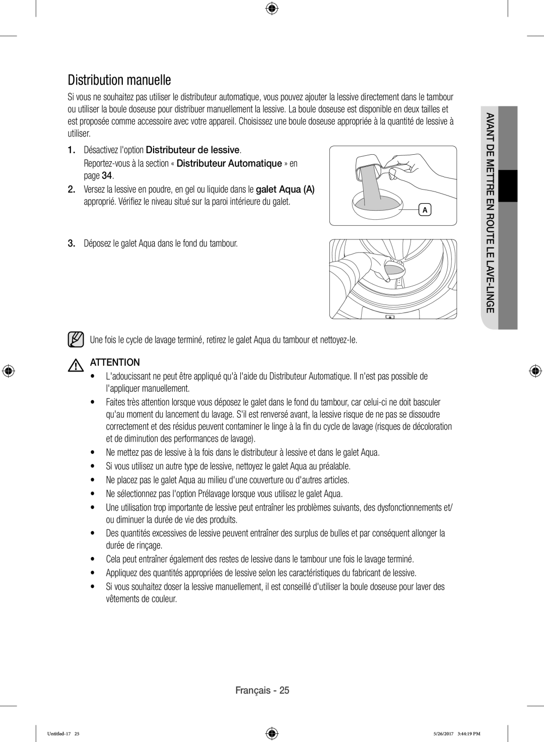 Samsung WW10H9400EW/ET manual Distribution manuelle 