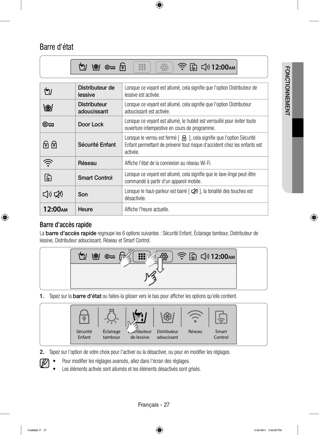 Samsung WW10H9400EW/ET manual Barre détat, Barre daccès rapide 