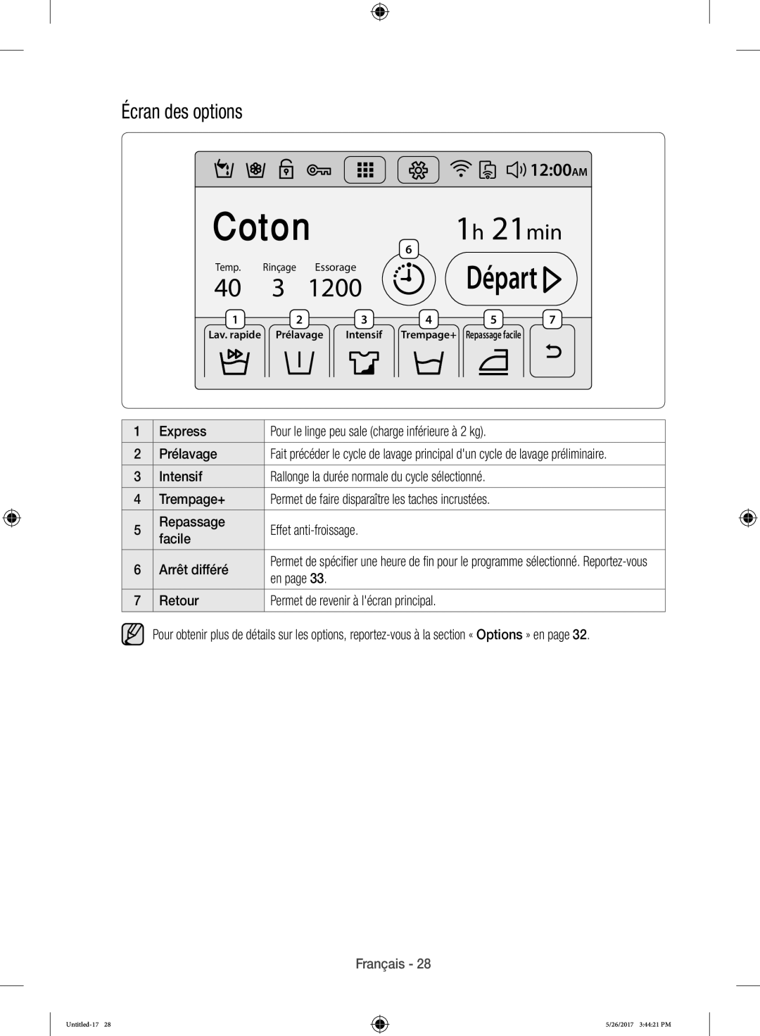 Samsung WW10H9400EW/ET manual Écran des options, Retour Permet de revenir à lécran principal 