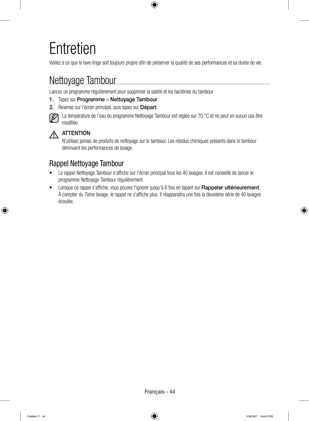 Samsung WW10H9400EW/ET manual Entretien, Rappel Nettoyage Tambour 