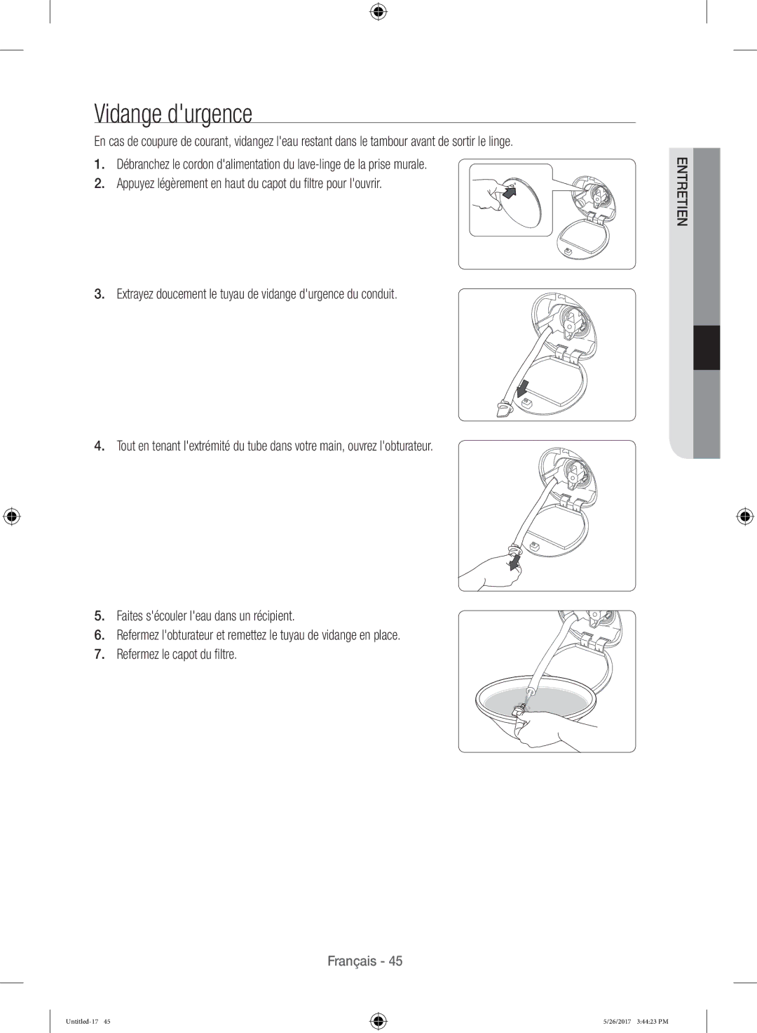 Samsung WW10H9400EW/ET manual Vidange durgence 