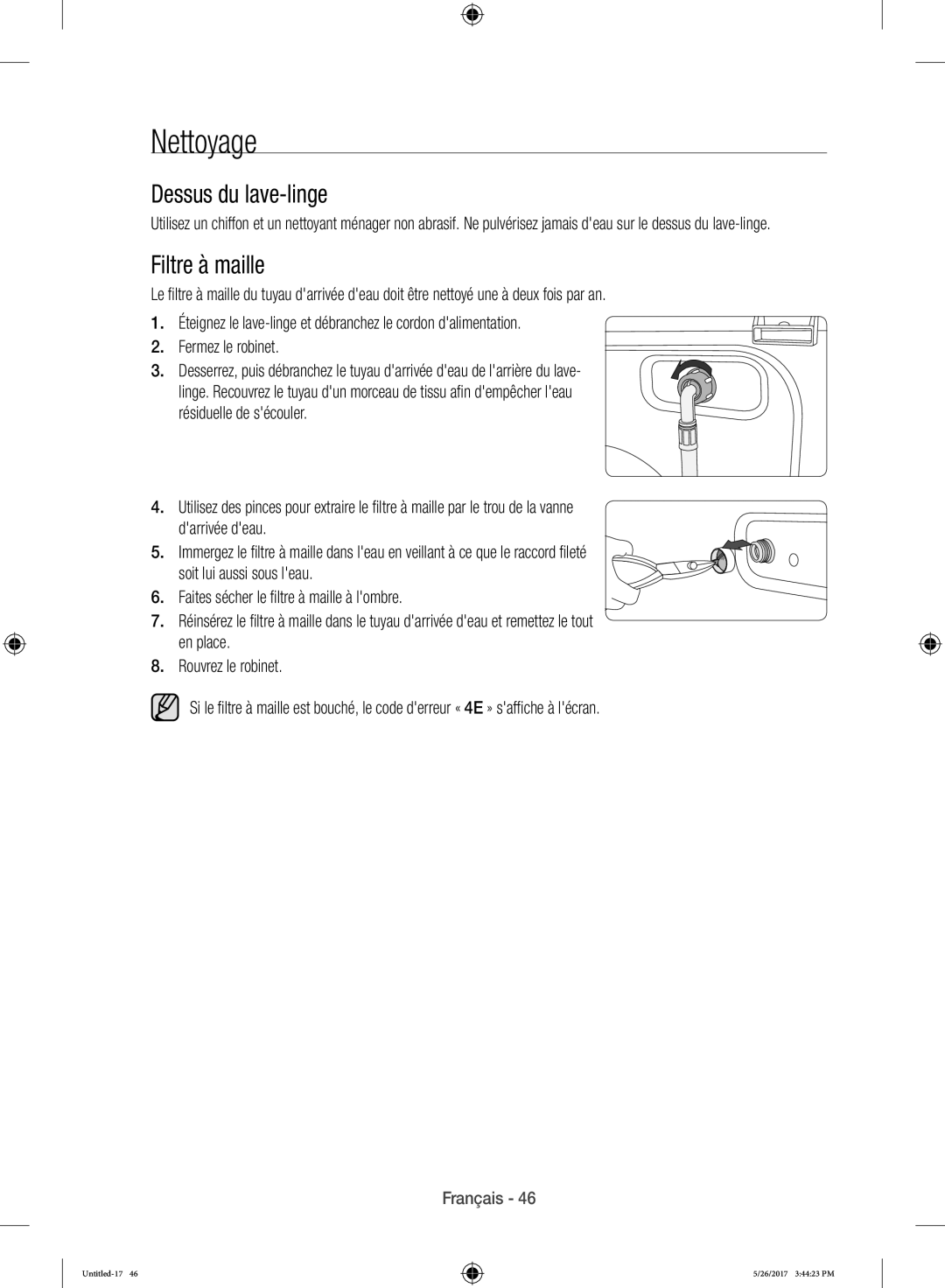 Samsung WW10H9400EW/ET manual Nettoyage, Dessus du lave-linge, Filtre à maille 