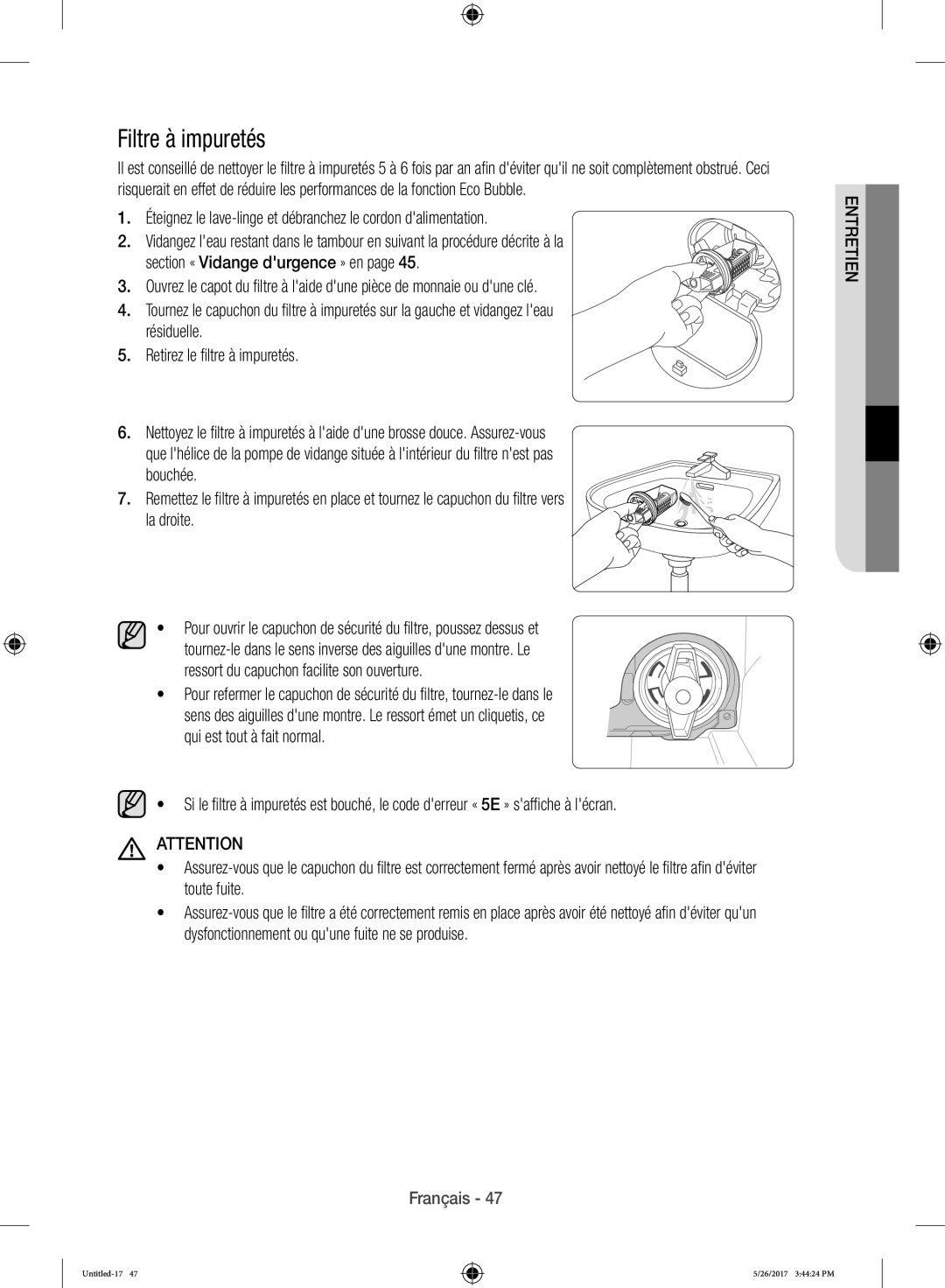 Samsung WW10H9400EW/ET manual Filtre à impuretés, Ressort du capuchon facilite son ouverture 