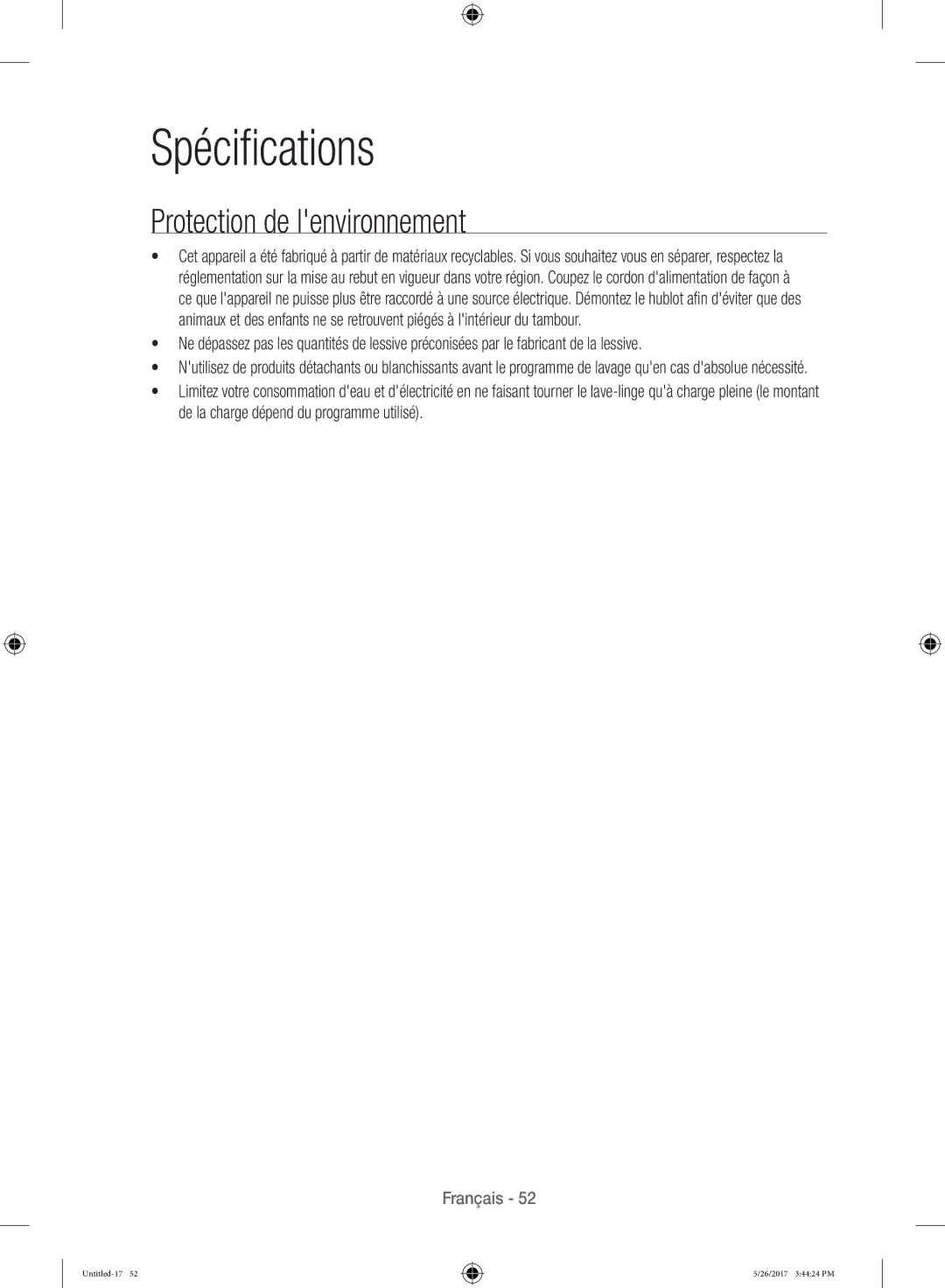 Samsung WW10H9400EW/ET manual Spécifications, Protection de lenvironnement 