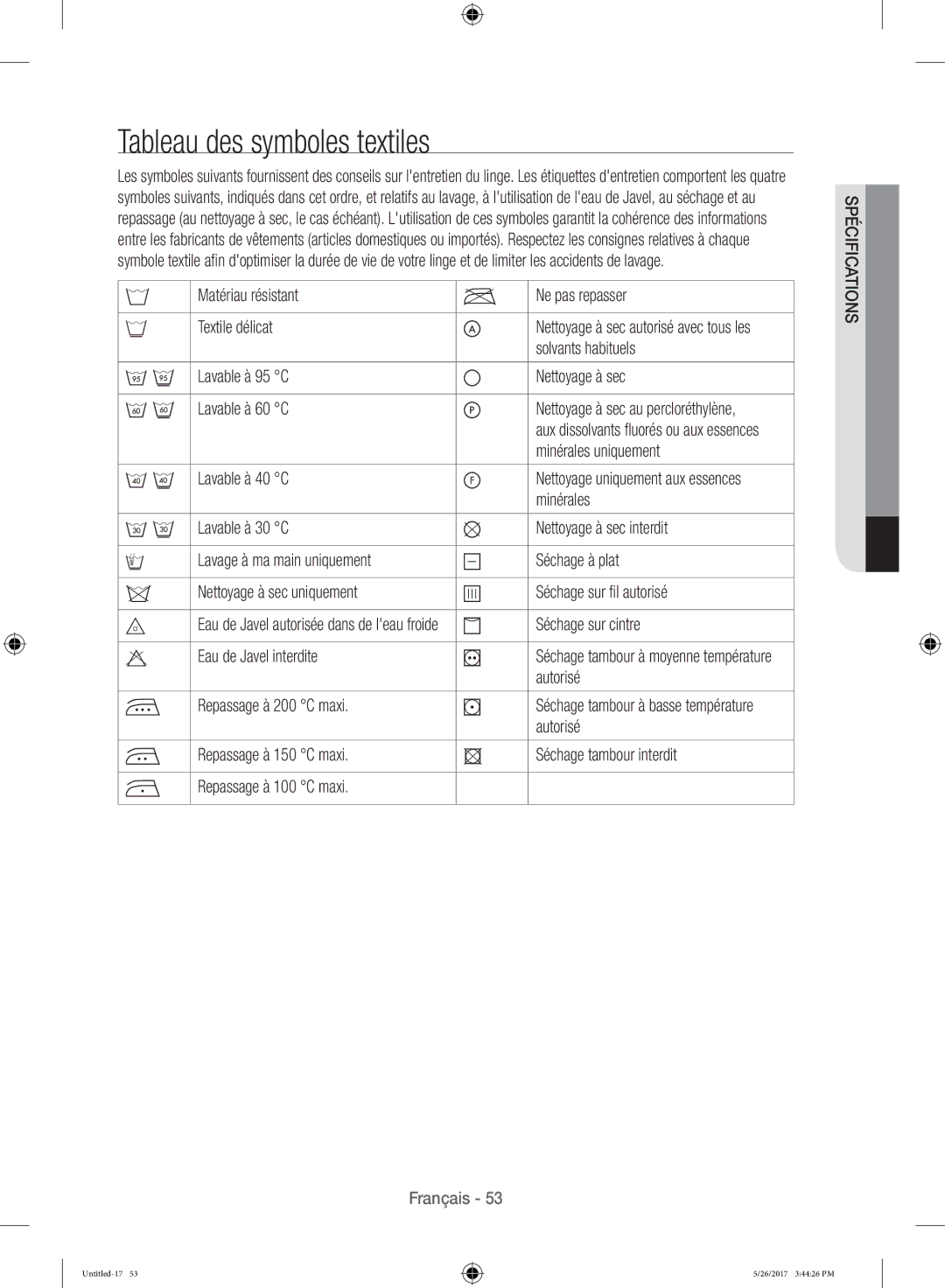 Samsung WW10H9400EW/ET manual Tableau des symboles textiles 