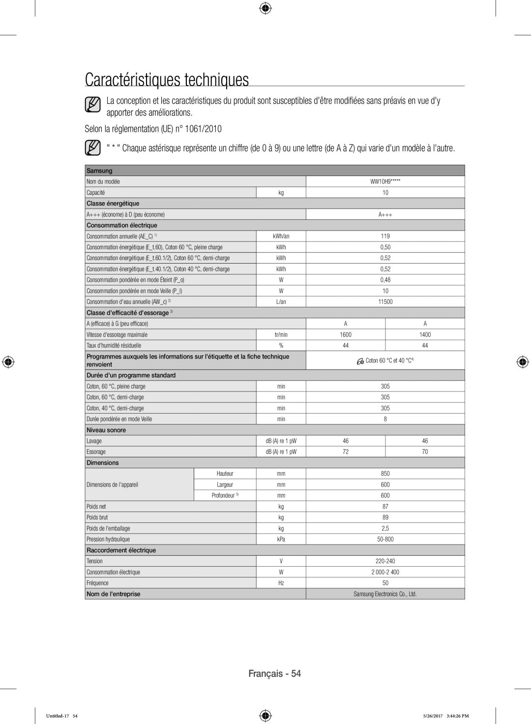 Samsung WW10H9400EW/ET manual Caractéristiques techniques, KWh/an 119 