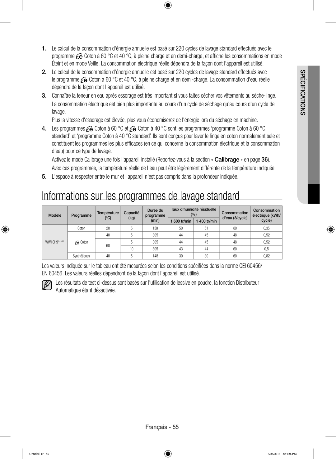 Samsung WW10H9400EW/ET manual Informations sur les programmes de lavage standard 