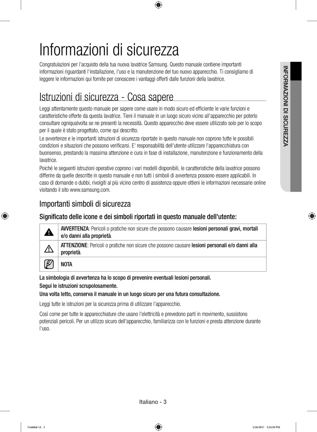 Samsung WW10H9400EW/ET Informazioni di sicurezza, Istruzioni di sicurezza Cosa sapere, Importanti simboli di sicurezza 