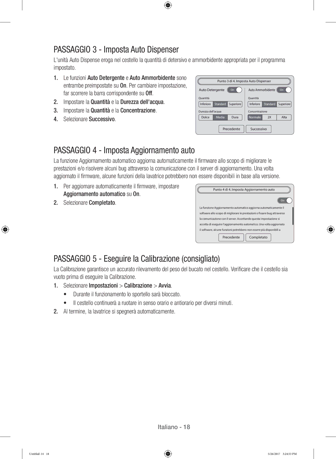 Samsung WW10H9400EW/ET Passaggio 3 Imposta Auto Dispenser, Passaggio 4 Imposta Aggiornamento auto, Selezionare Completato 