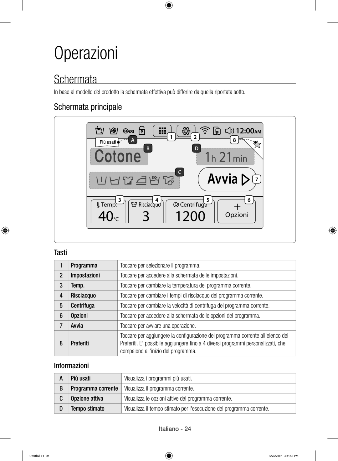 Samsung WW10H9400EW/ET manual Operazioni, Schermata principale, Informazioni 