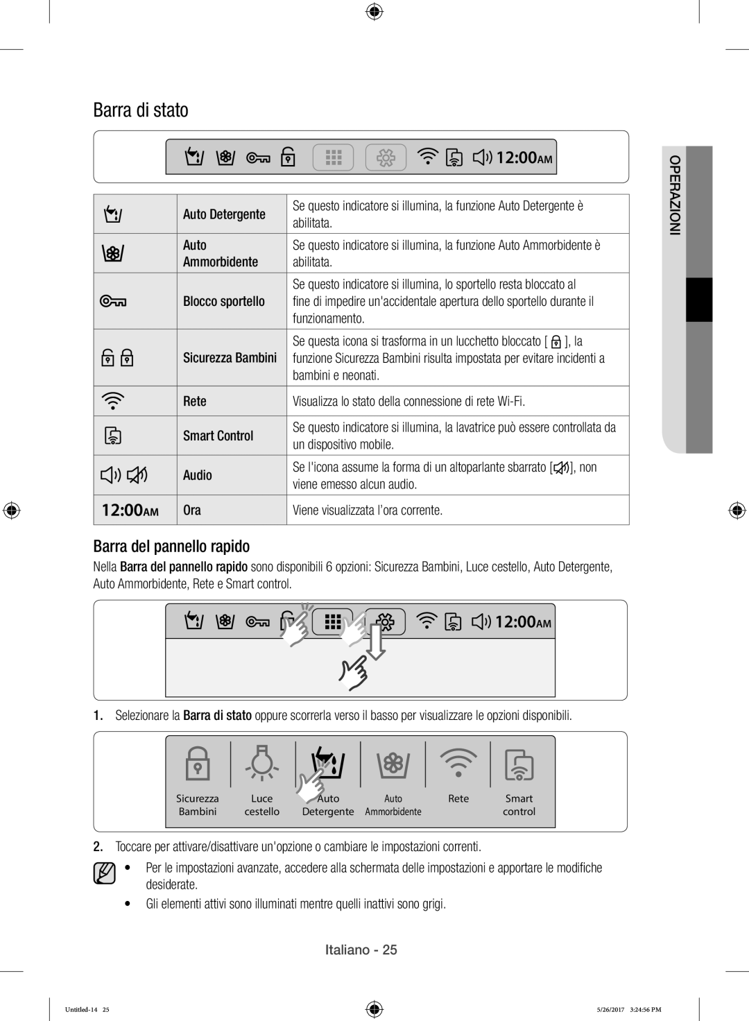 Samsung WW10H9400EW/ET manual Barra di stato, Barra del pannello rapido 