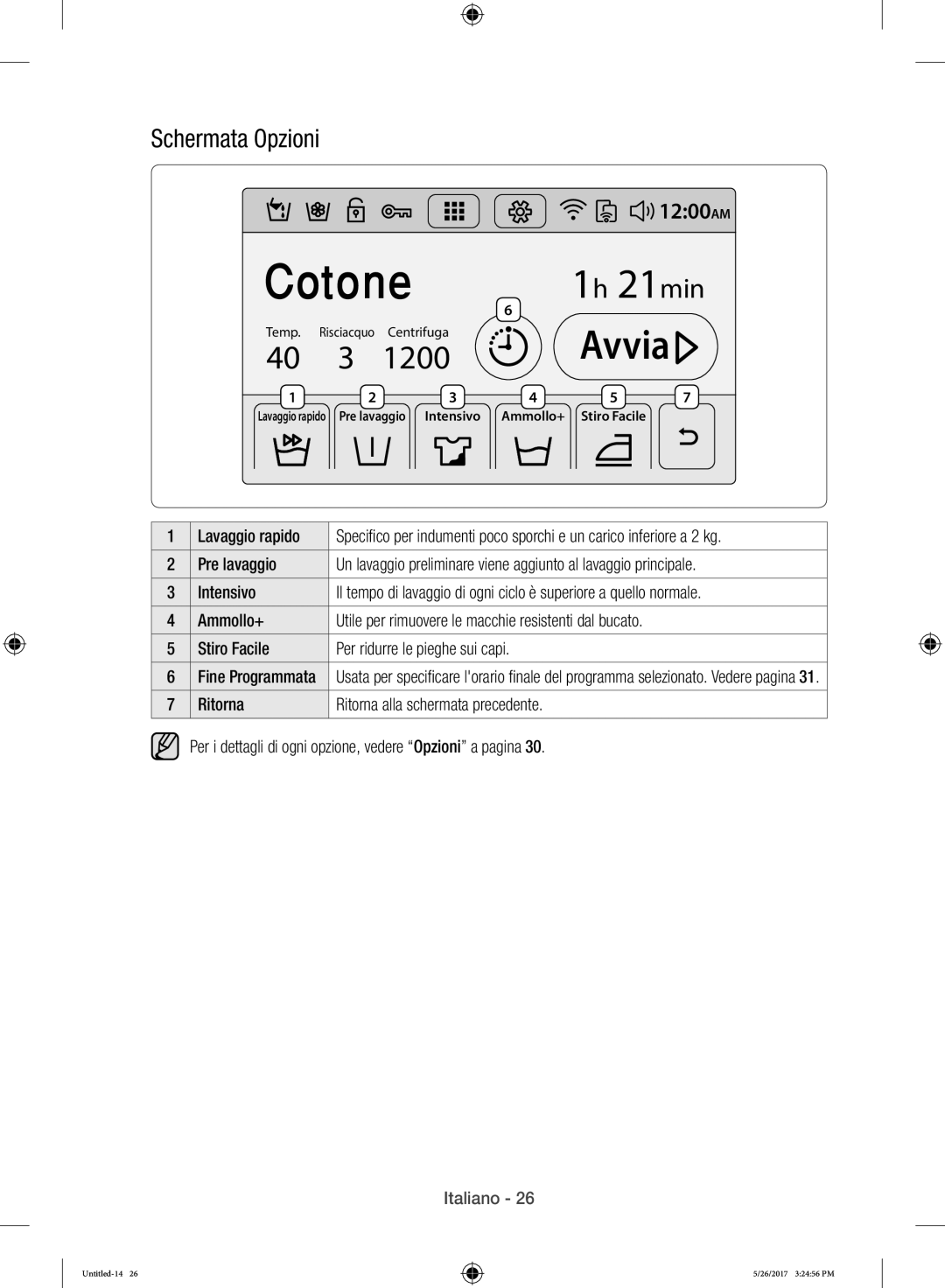 Samsung WW10H9400EW/ET Schermata Opzioni, Intensivo, Ritorna, Per i dettagli di ogni opzione, vedere Opzioni a pagina 