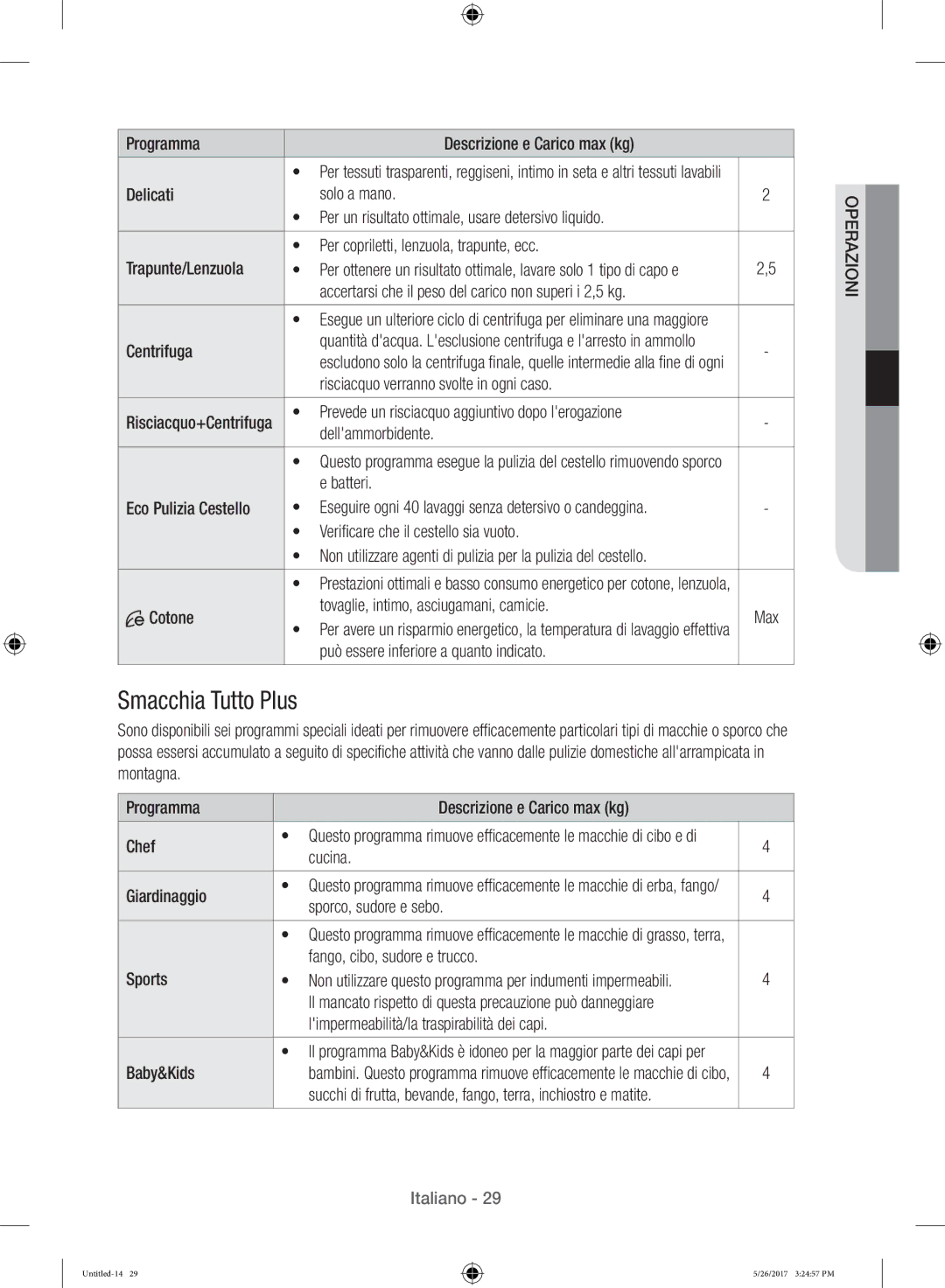 Samsung WW10H9400EW/ET manual Smacchia Tutto Plus 