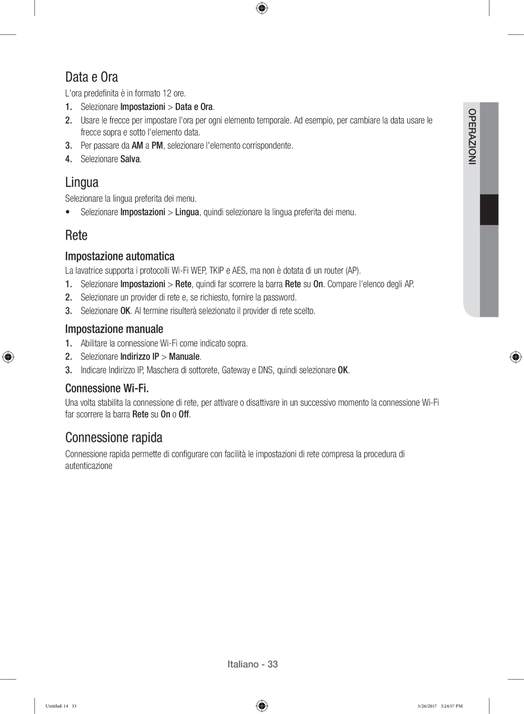 Samsung WW10H9400EW/ET manual Data e Ora, Lingua, Rete, Connessione rapida 