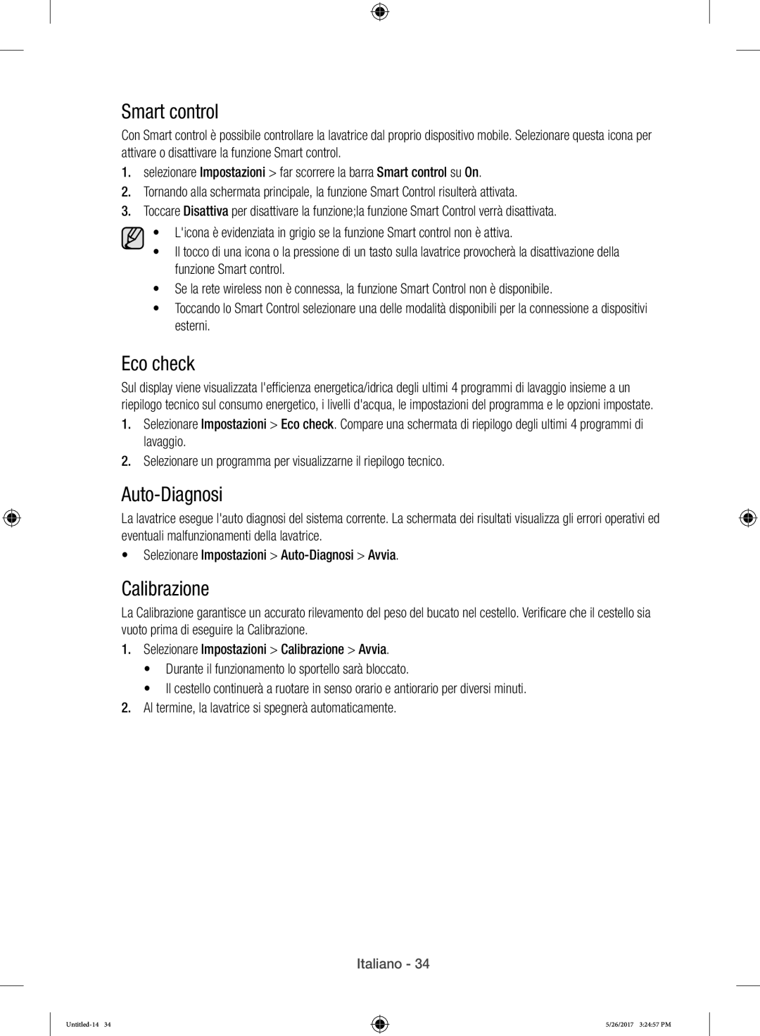 Samsung WW10H9400EW/ET manual Auto-Diagnosi, Calibrazione 