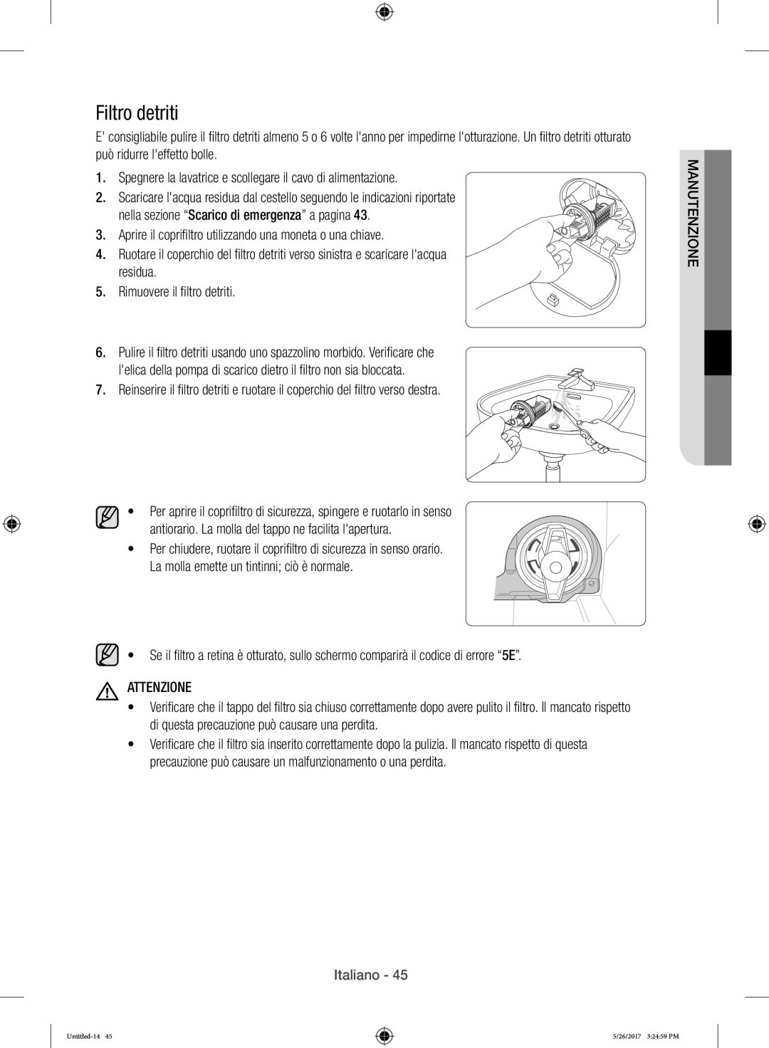 Samsung WW10H9400EW/ET manual Filtro detriti 