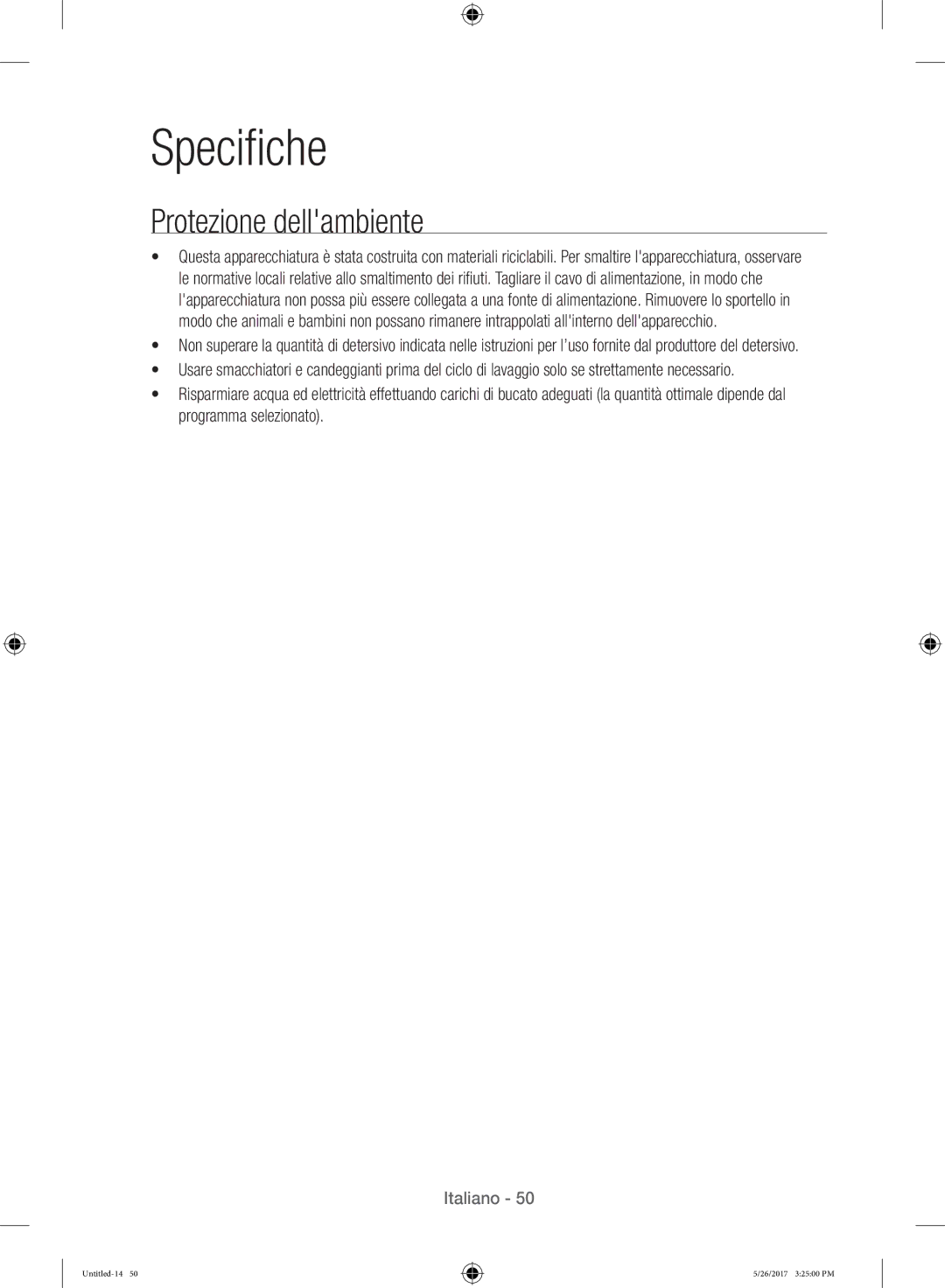 Samsung WW10H9400EW/ET manual Specifiche, Protezione dellambiente 