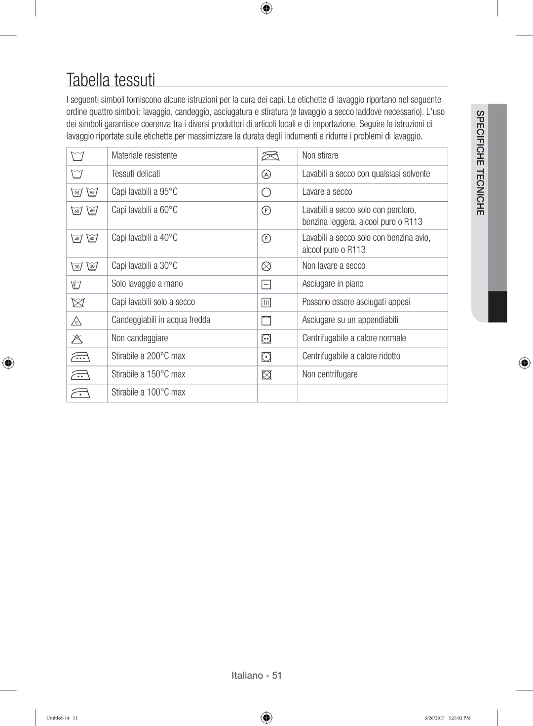 Samsung WW10H9400EW/ET manual Tabella tessuti, Materiale resistente Non stirare Tessuti delicati, Capi lavabili a 40C 