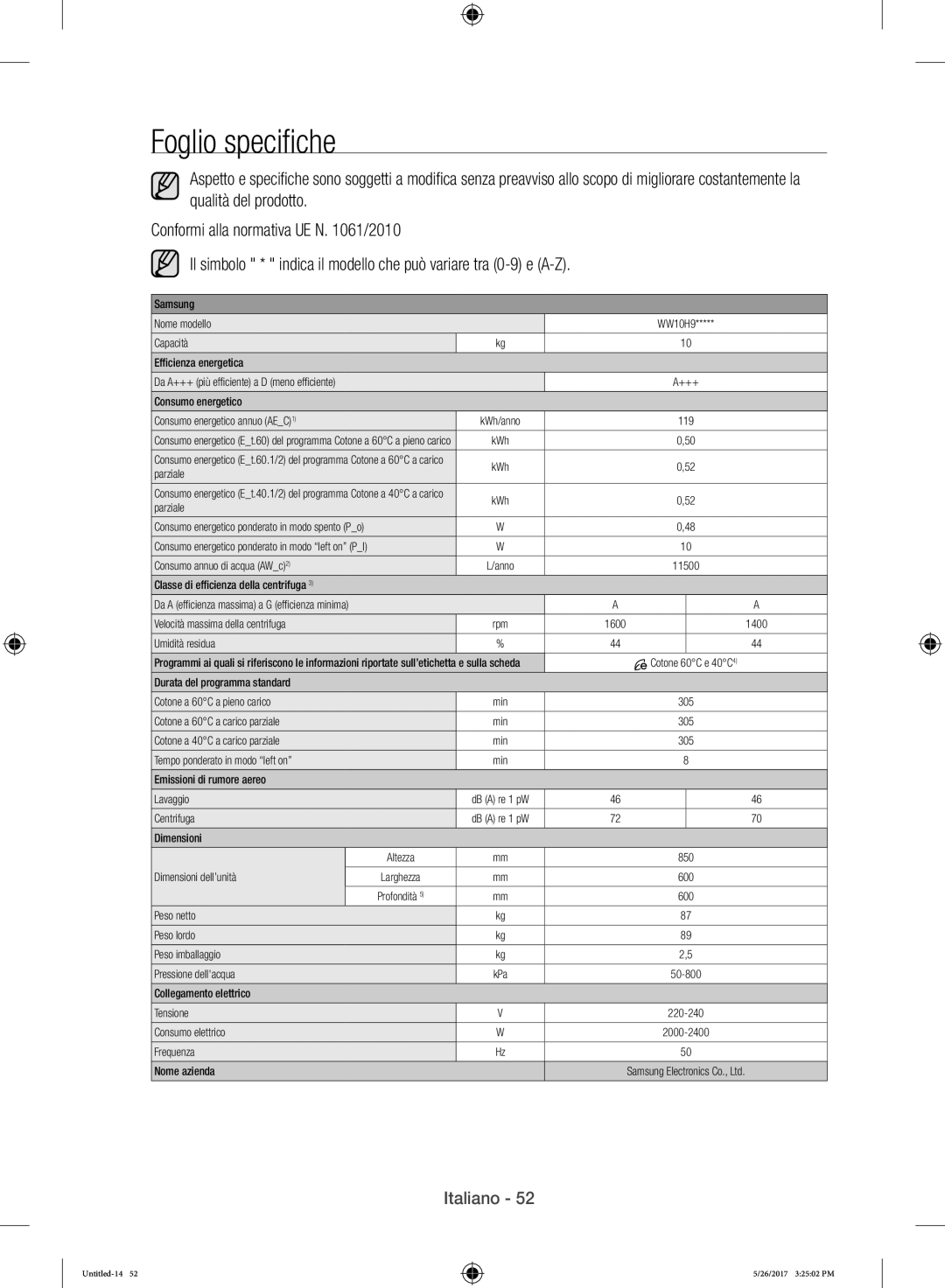 Samsung WW10H9400EW/ET manual Foglio specifiche 