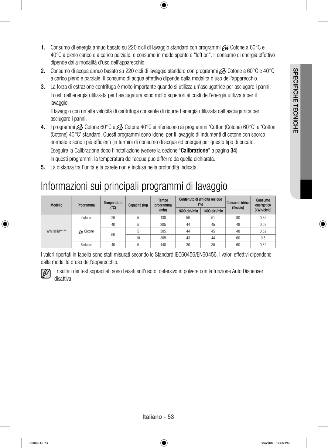 Samsung WW10H9400EW/ET manual Informazioni sui principali programmi di lavaggio 