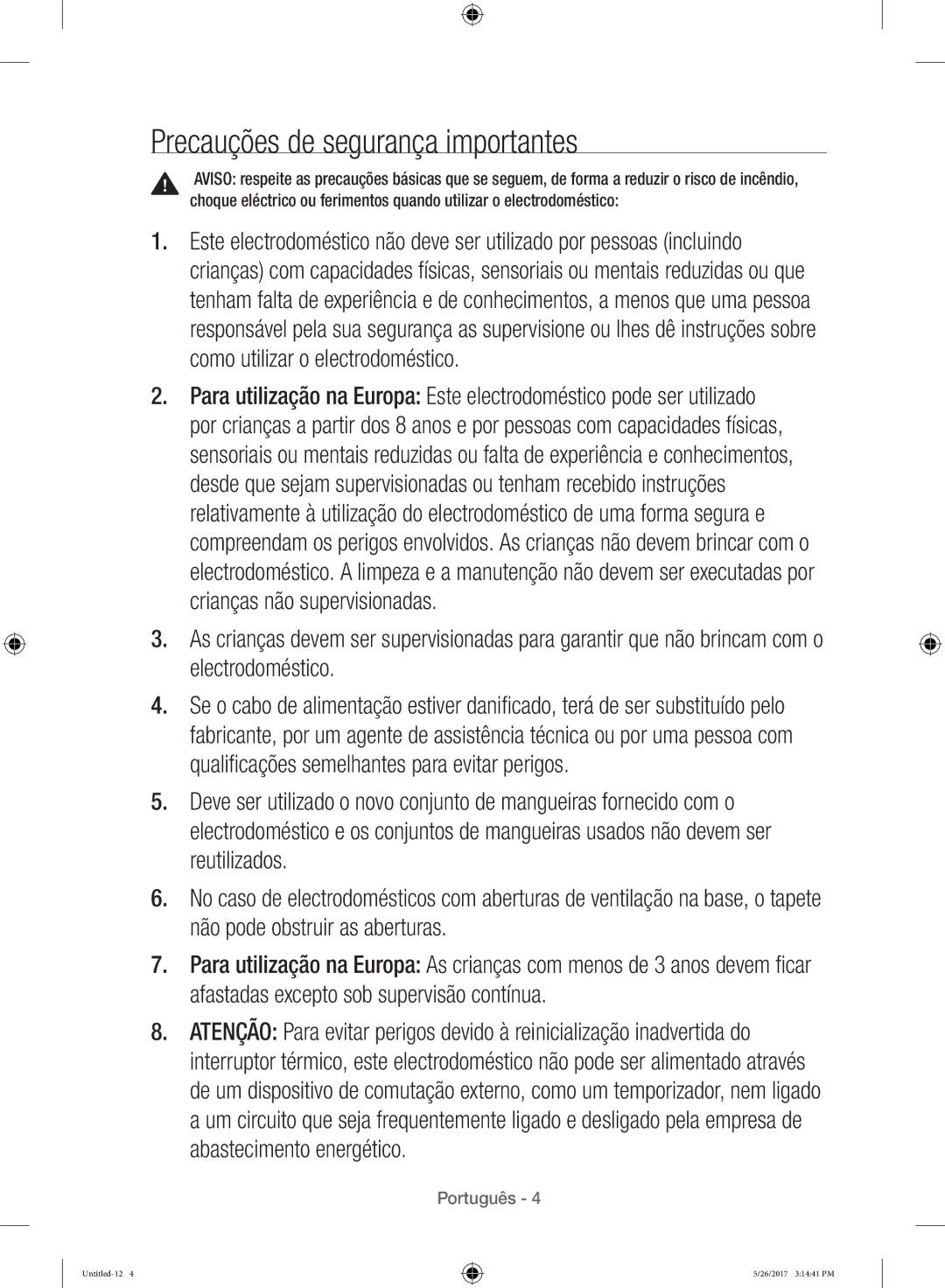 Samsung WW10H9400EW/ET manual Precauções de segurança importantes 