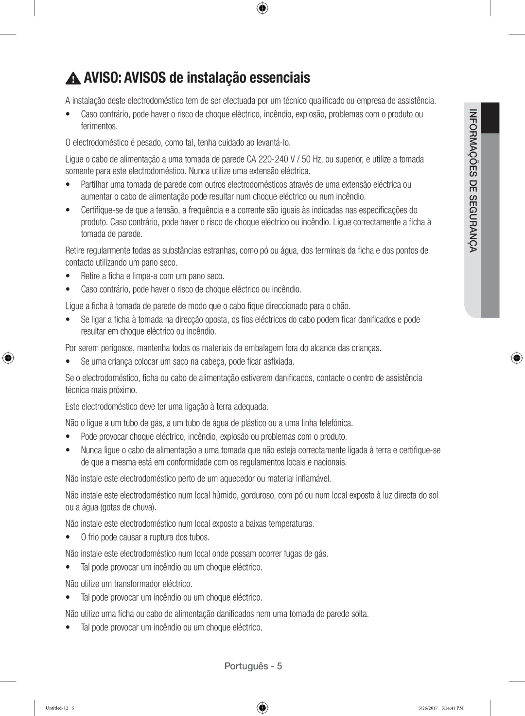 Samsung WW10H9400EW/ET manual Aviso Avisos de instalação essenciais 