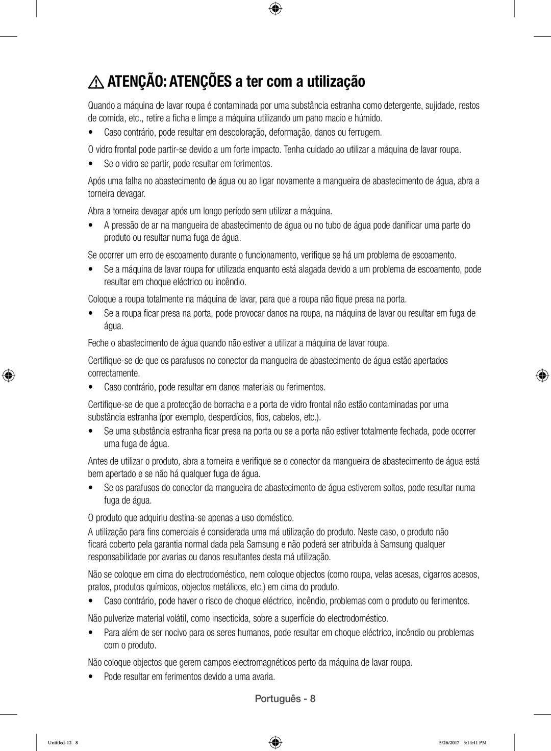 Samsung WW10H9400EW/ET manual Atenção Atenções a ter com a utilização 