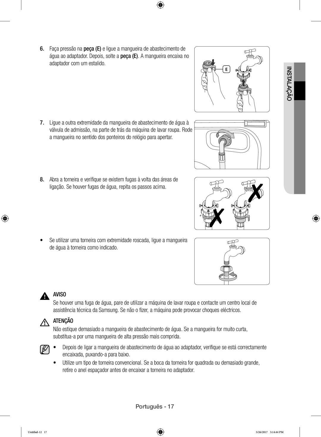 Samsung WW10H9400EW/ET manual Adaptador com um estalido, Mangueira no sentido dos ponteiros do relógio para apertar 