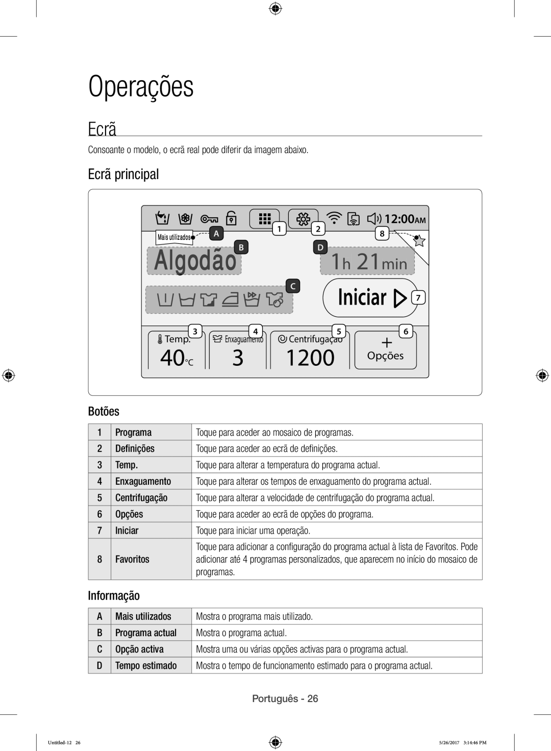 Samsung WW10H9400EW/ET manual Operações, Ecrã principal, Informação 