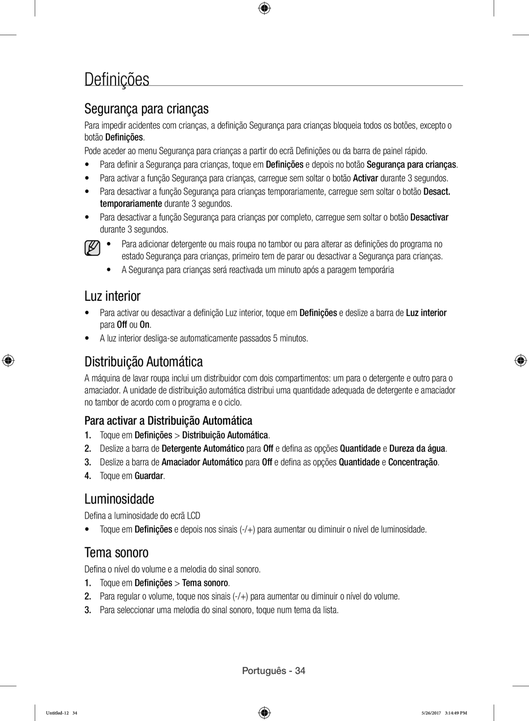 Samsung WW10H9400EW/ET manual Definições, Segurança para crianças, Luz interior, Luminosidade, Tema sonoro 