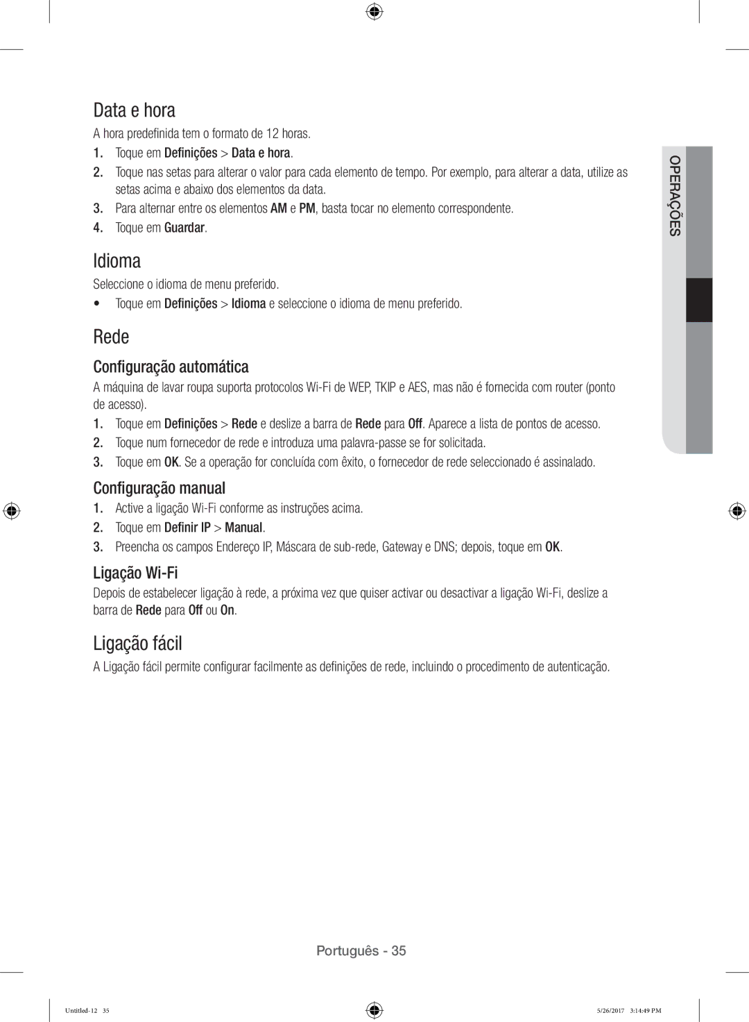 Samsung WW10H9400EW/ET manual Data e hora, Idioma, Rede, Ligação fácil 