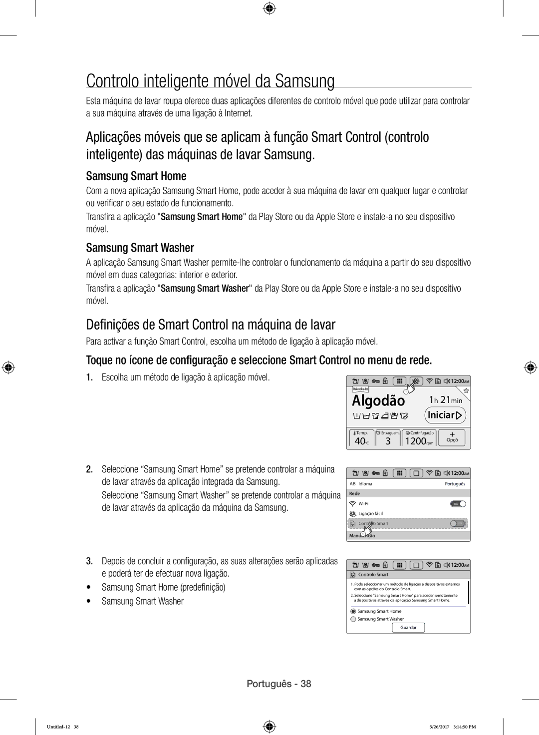 Samsung WW10H9400EW/ET manual Controlo inteligente móvel da Samsung, Definições de Smart Control na máquina de lavar 