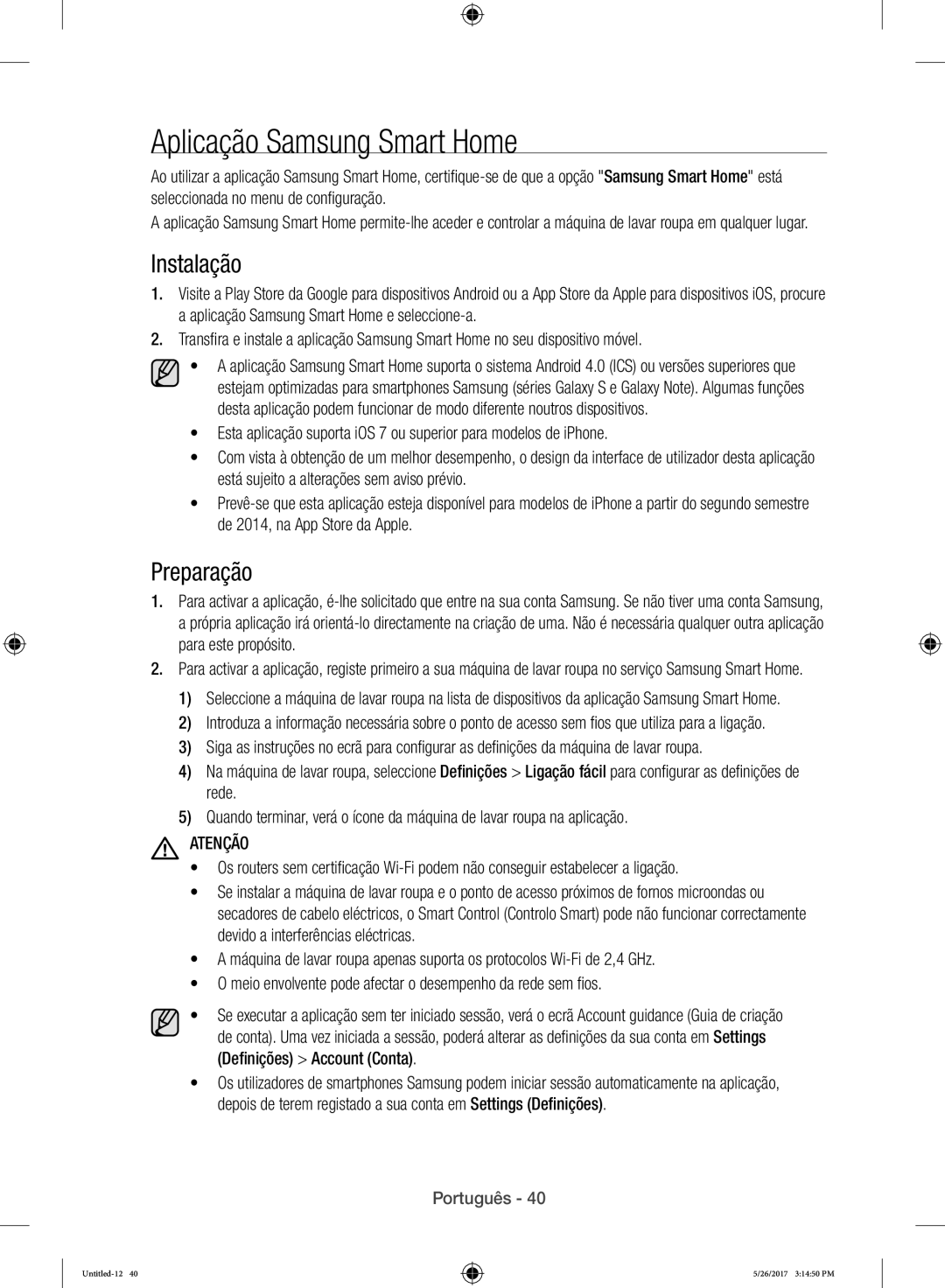 Samsung WW10H9400EW/ET manual Aplicação Samsung Smart Home, Instalação, Preparação 