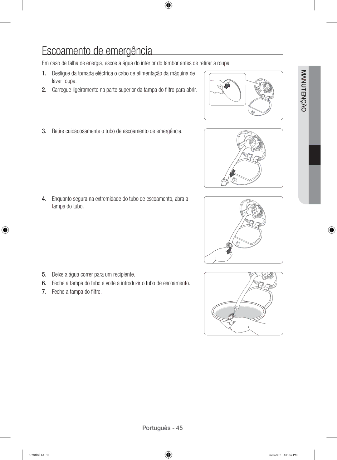 Samsung WW10H9400EW/ET manual Escoamento de emergência 