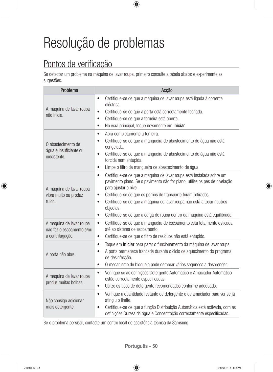 Samsung WW10H9400EW/ET manual Resolução de problemas, Pontos de verificação 