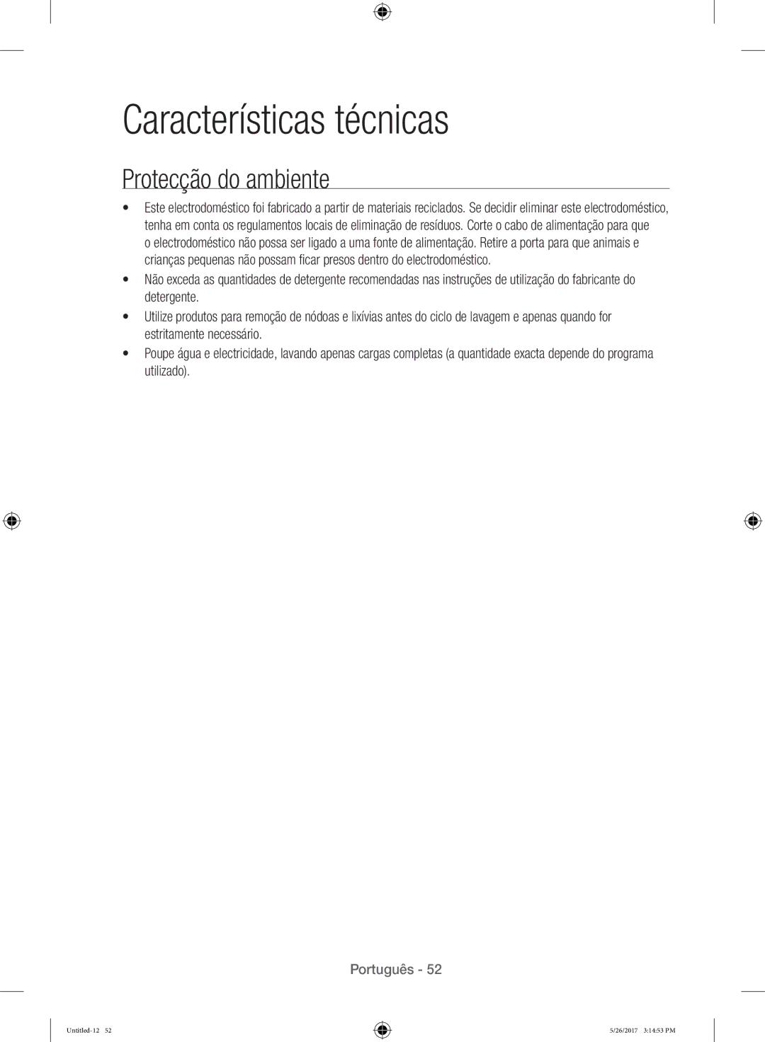 Samsung WW10H9400EW/ET manual Características técnicas, Protecção do ambiente 